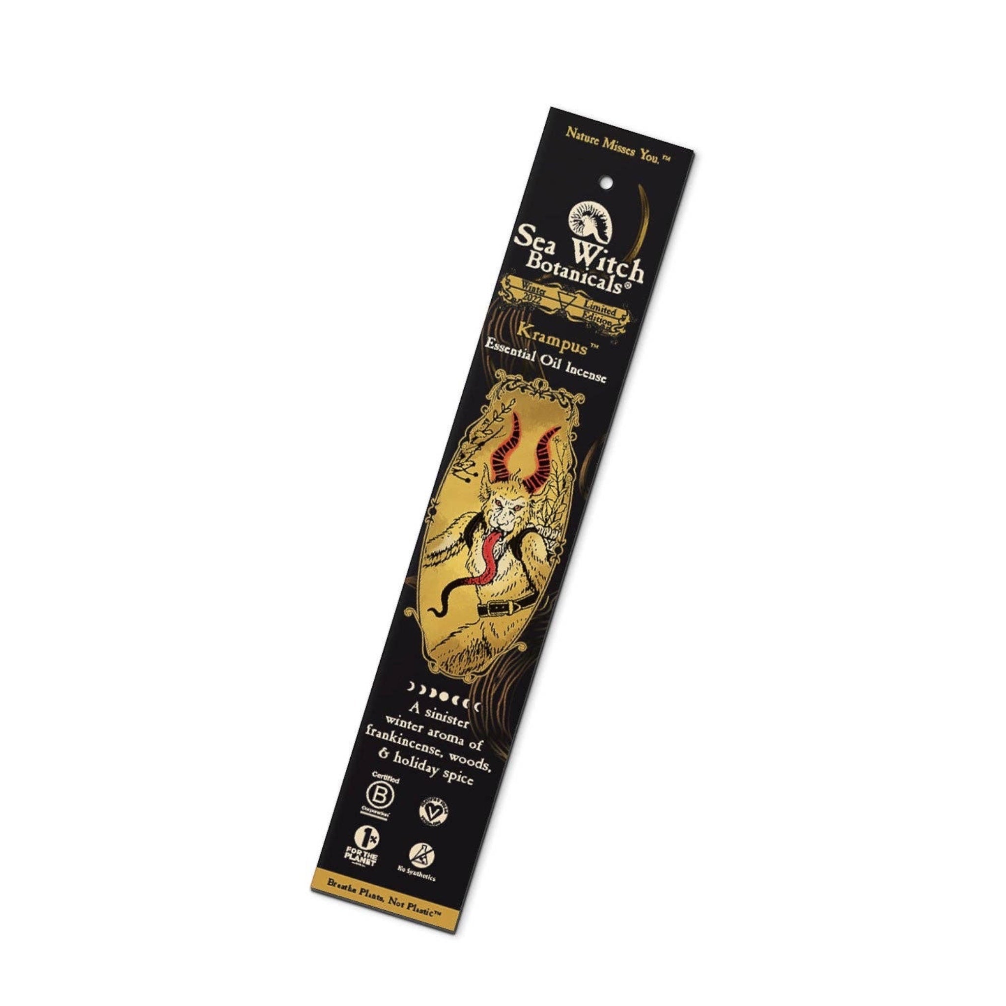 Forager Provisions LTD Sea Witch Botanicals Krampus premium incense packaging featuring a horned figure illustration