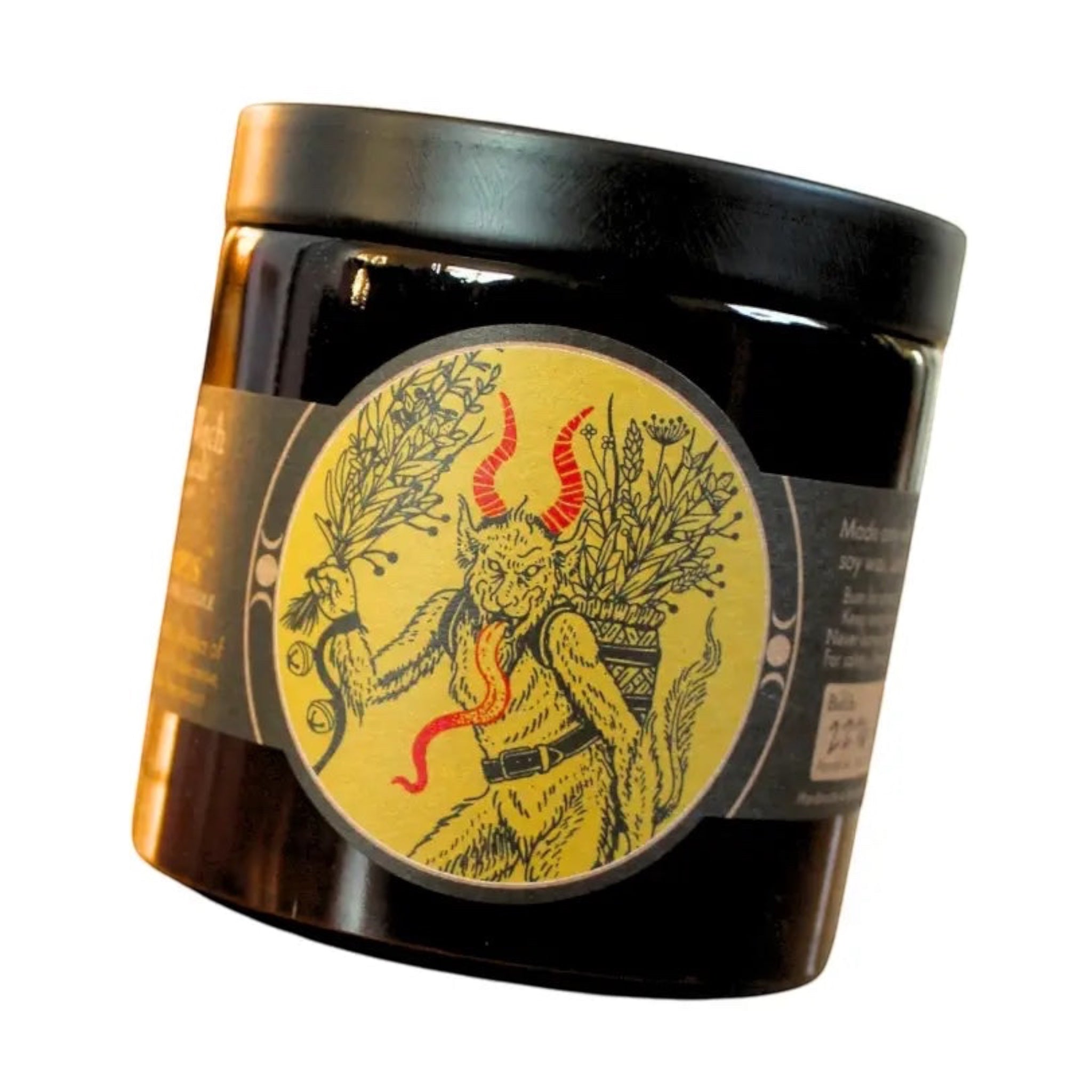 Forager Provisions LTD Sea Witch Botanicals Krampus soy wax candle in a black glass jar with folklore illustration
