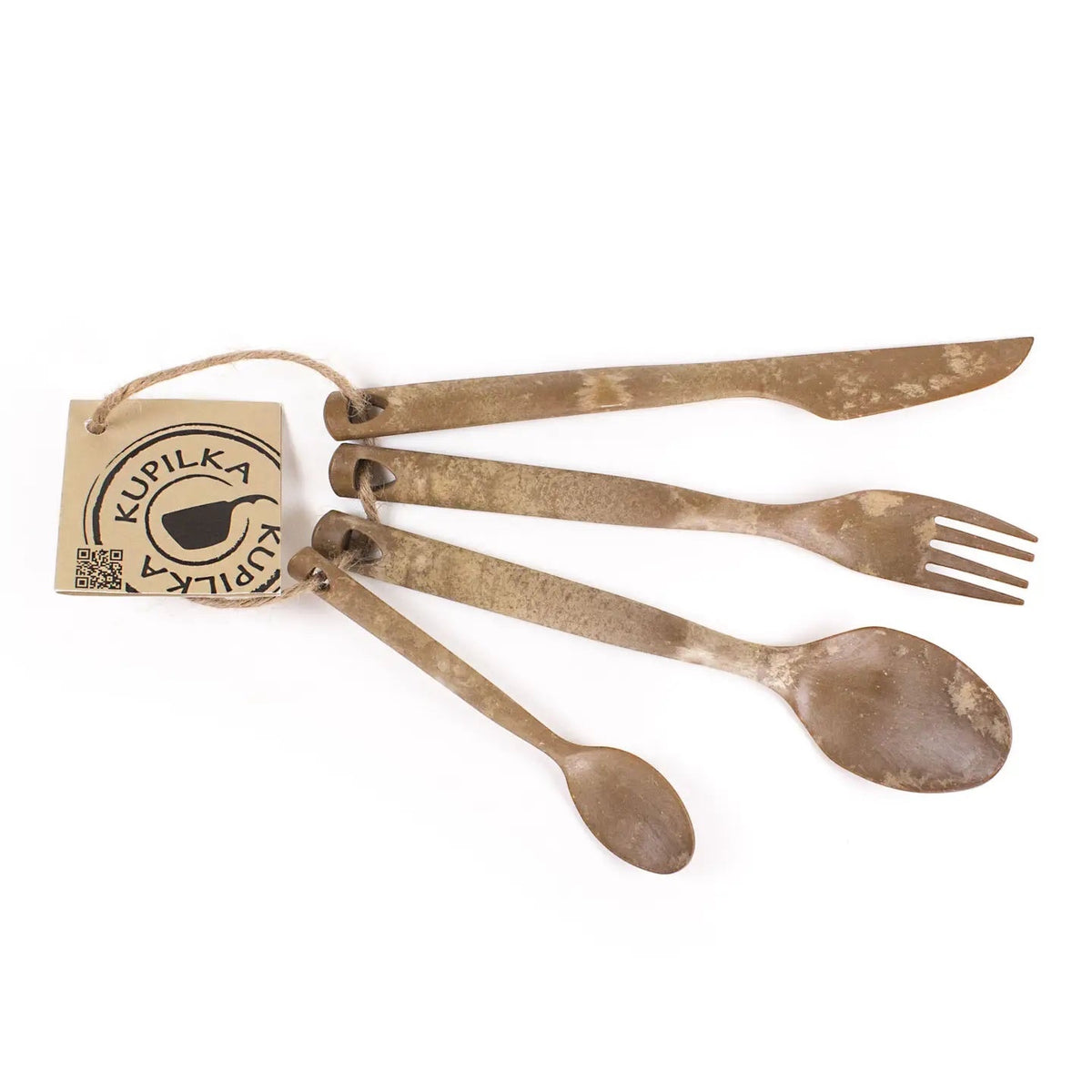 Forager Provisions LTD Kupilka brown natural fibre composite cutlery set including a knife, fork, spoon, and teaspoon.