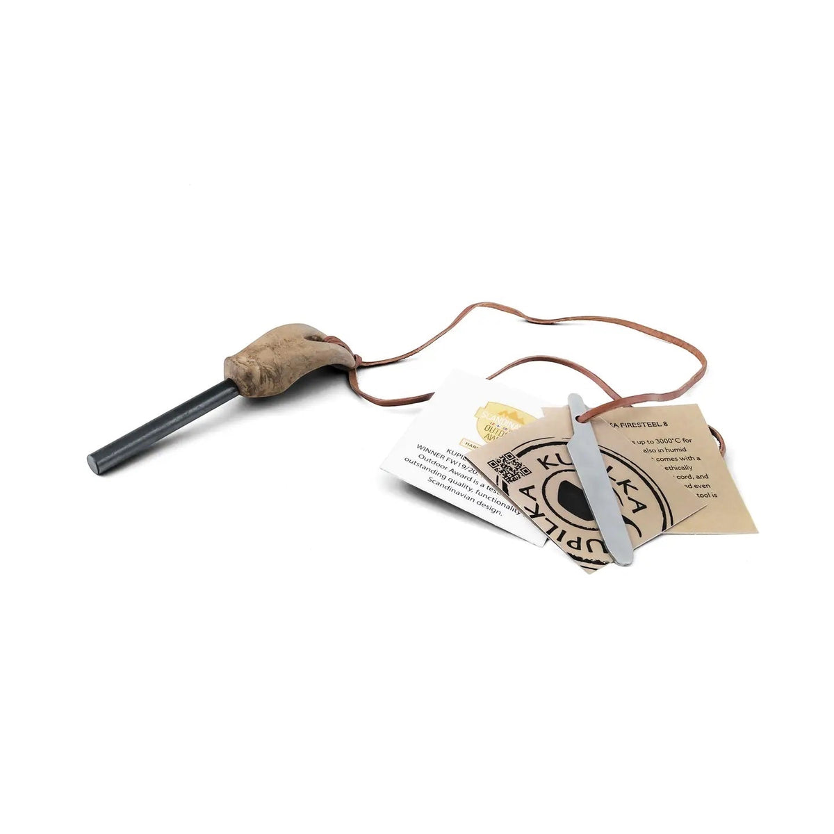 Forager Provisions LTD Kupilka Firesteel 8 in brown with a ferrocerium rod, ergonomic handle, and striker on a cord.