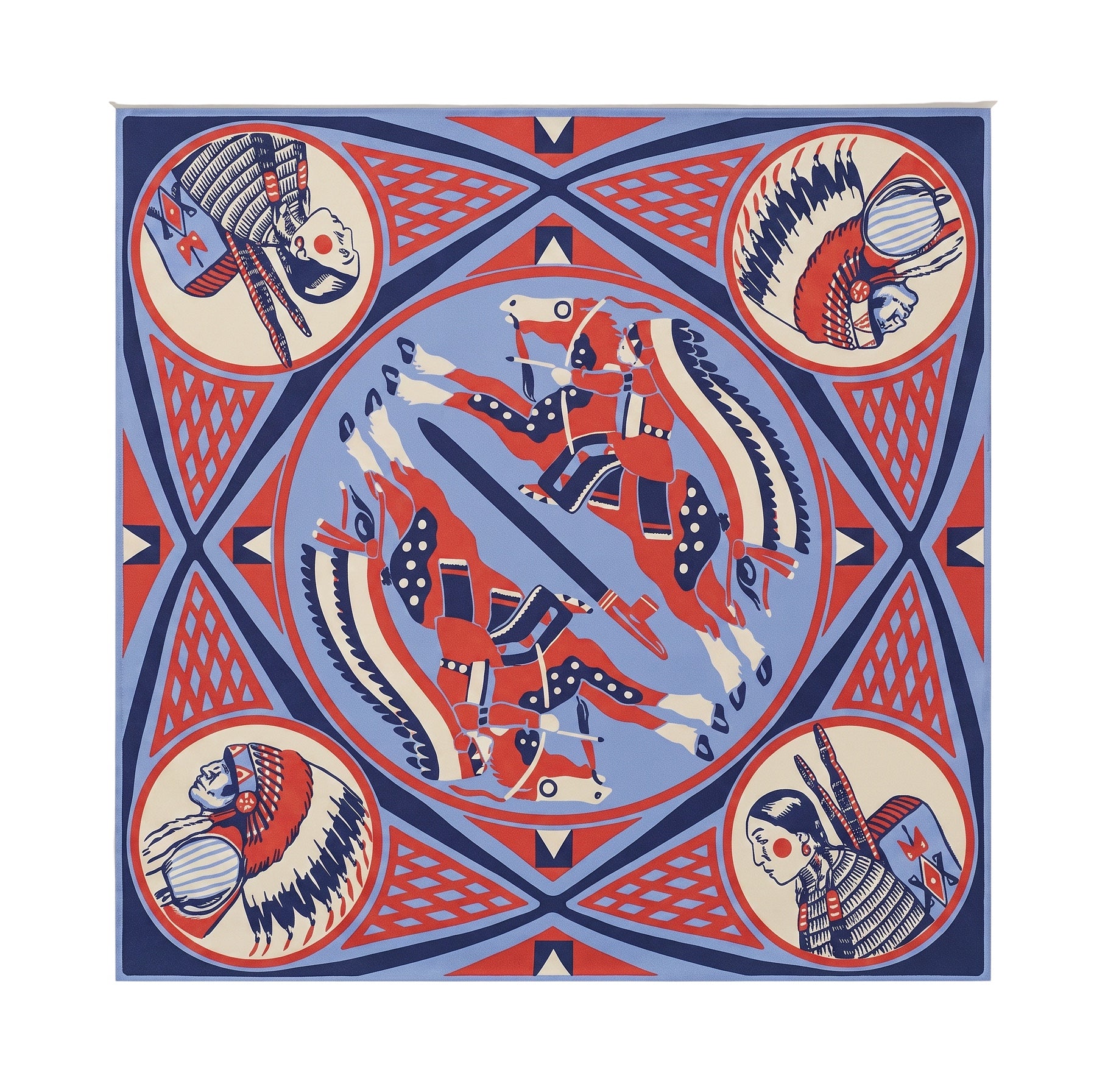 Forager Provisions LTD Lakota art print featuring Indigenous riders and warriors in red, blue, and cream geometric style
