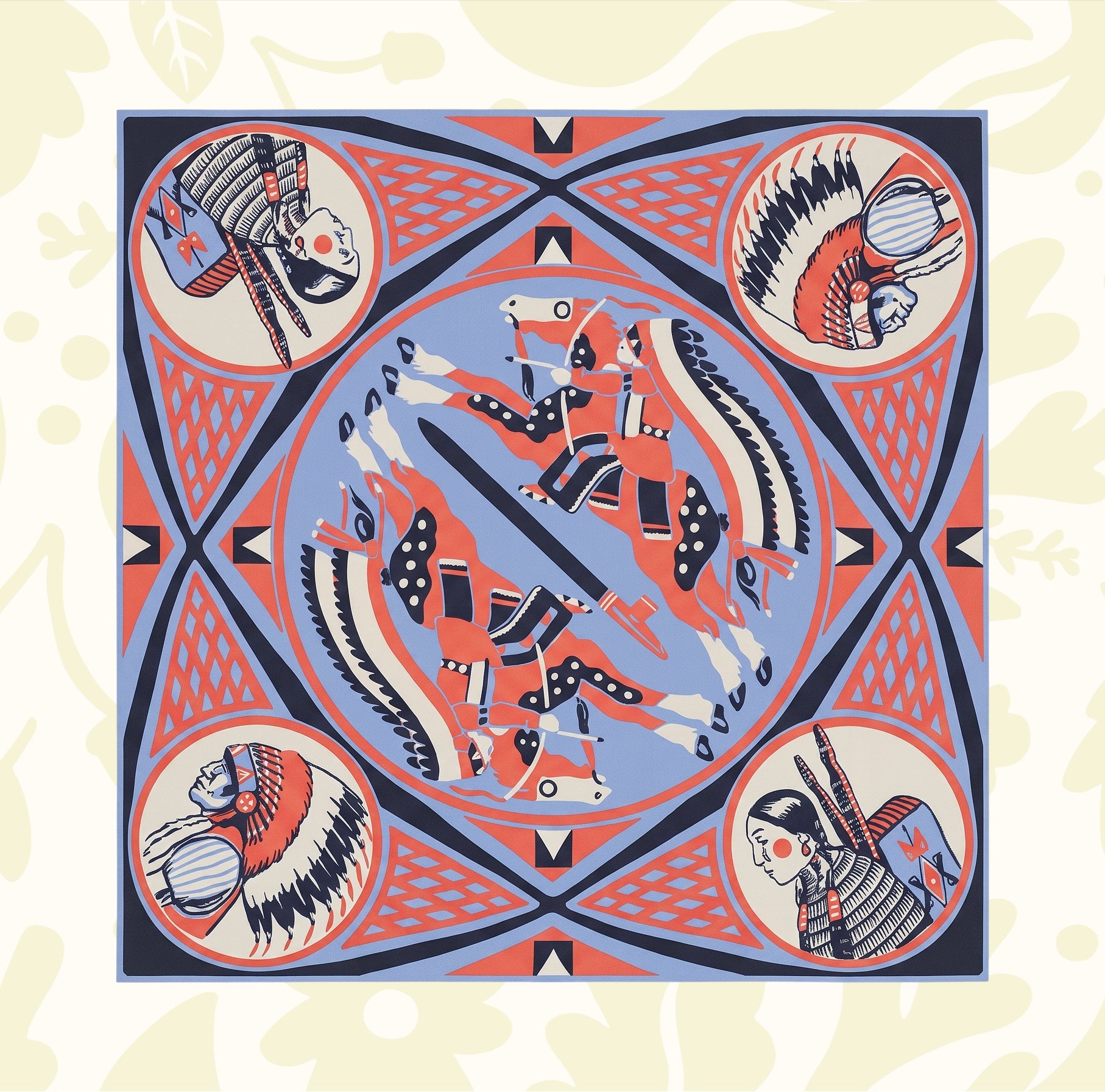 Forager Provisions LTD Lakota silk scarf featuring Indigenous artwork by Isaiah Stewart in blue, red, and cream tones.