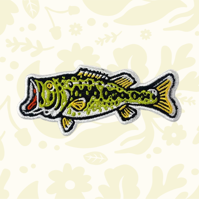 Forager Provisions LTD Union Made largemouth bass fish embroidered iron-on patch with green and yellow details.