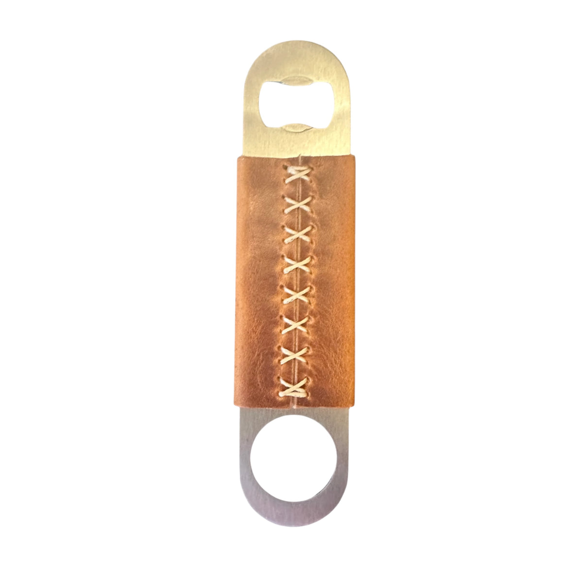 Forager Provisions LTD stainless steel bar blade with a hand-stitched tan Horween leather sheath