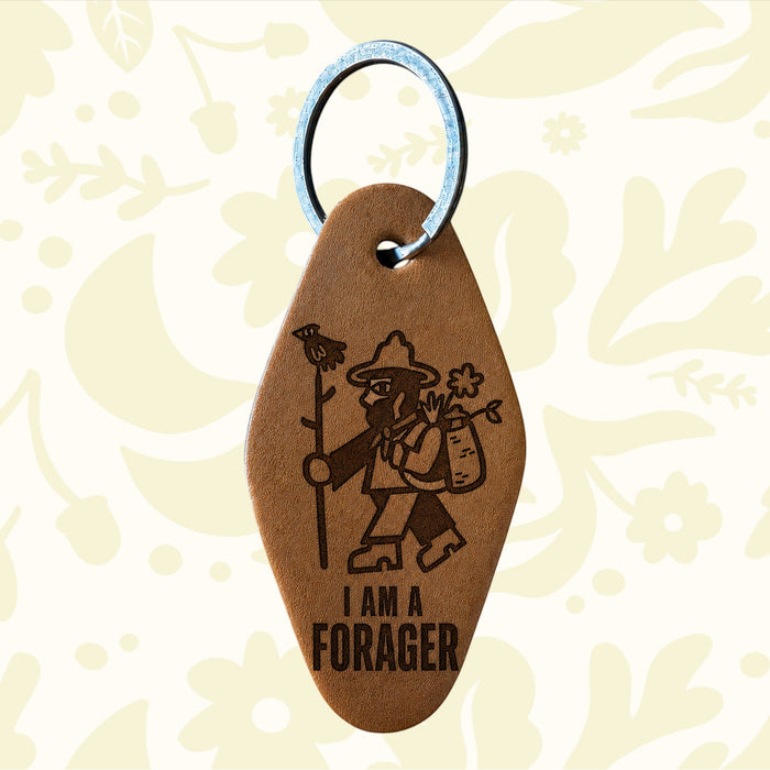 Forager Provisions LTD Kjøtt Supply Co leather motel keyring featuring a Forager design on tan English Bridle leather.