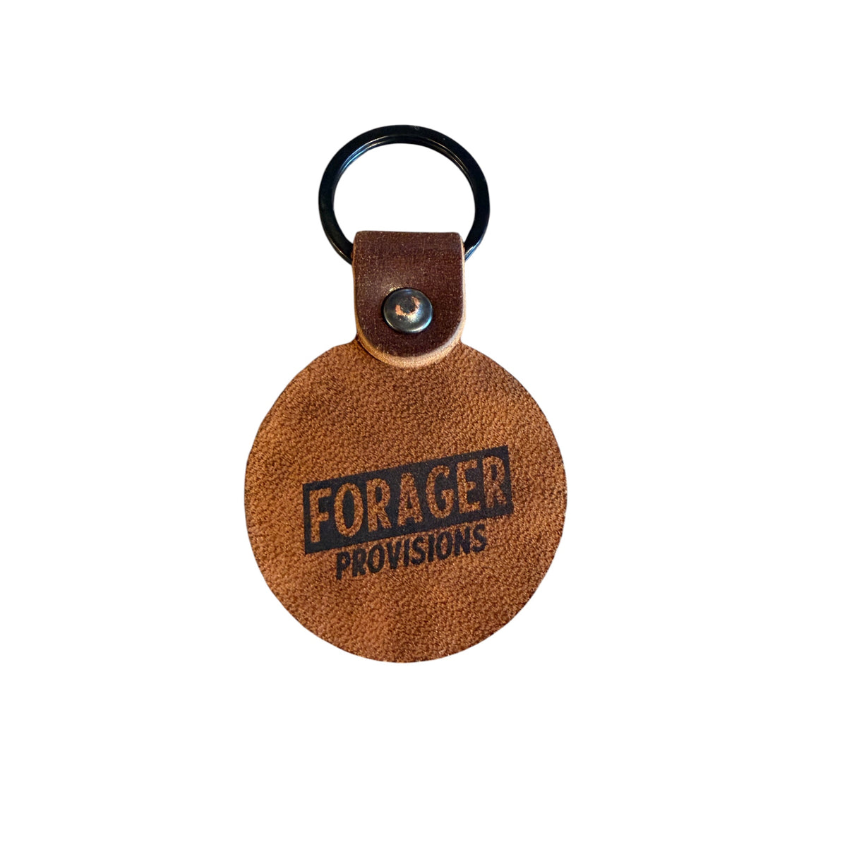 Forager Provisions LTD circular English bridle leather keyring with a black D-ring and branded logo.