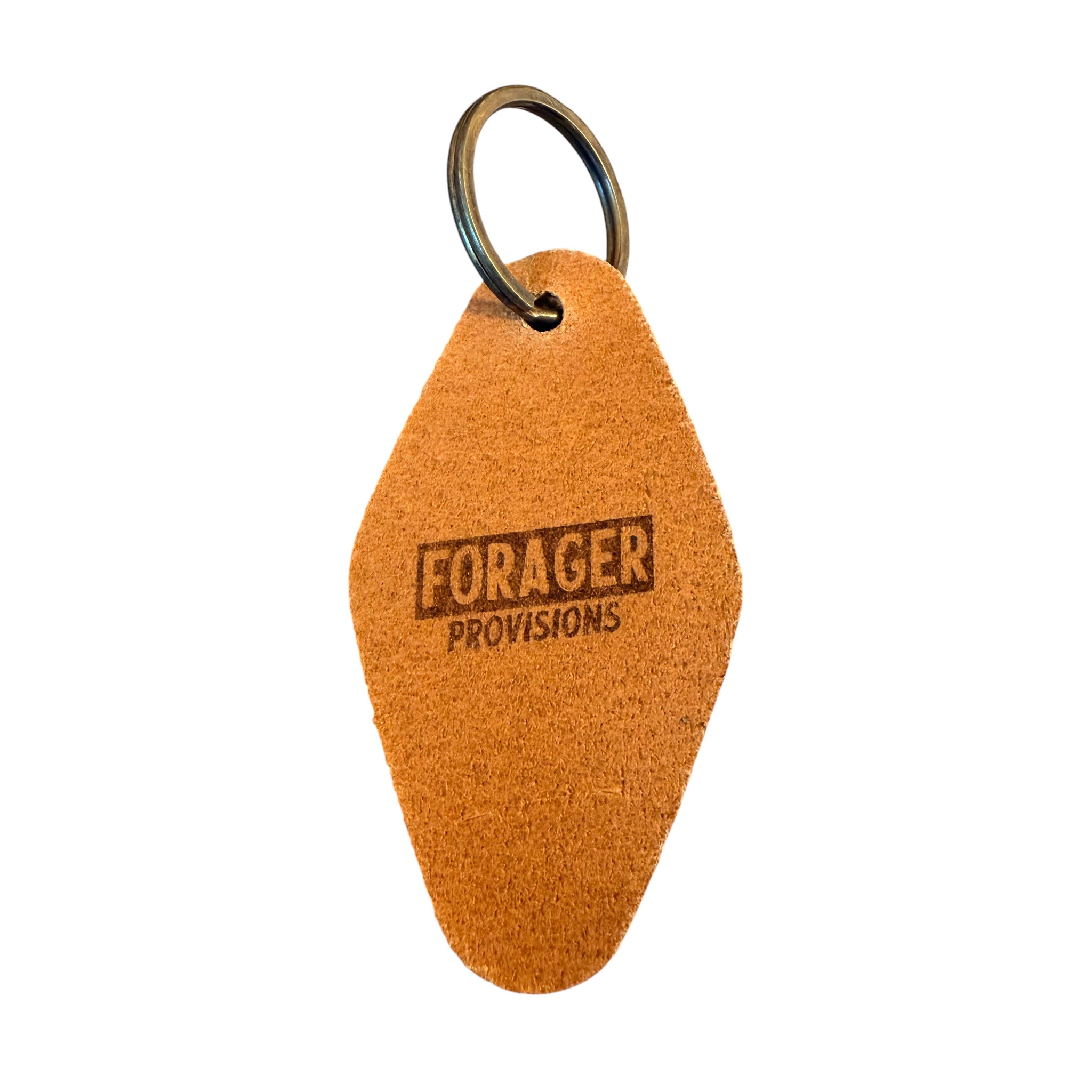 Forager Provisions LTD leather motel-style keyring with embossed branding, crafted from English Bridle leather.