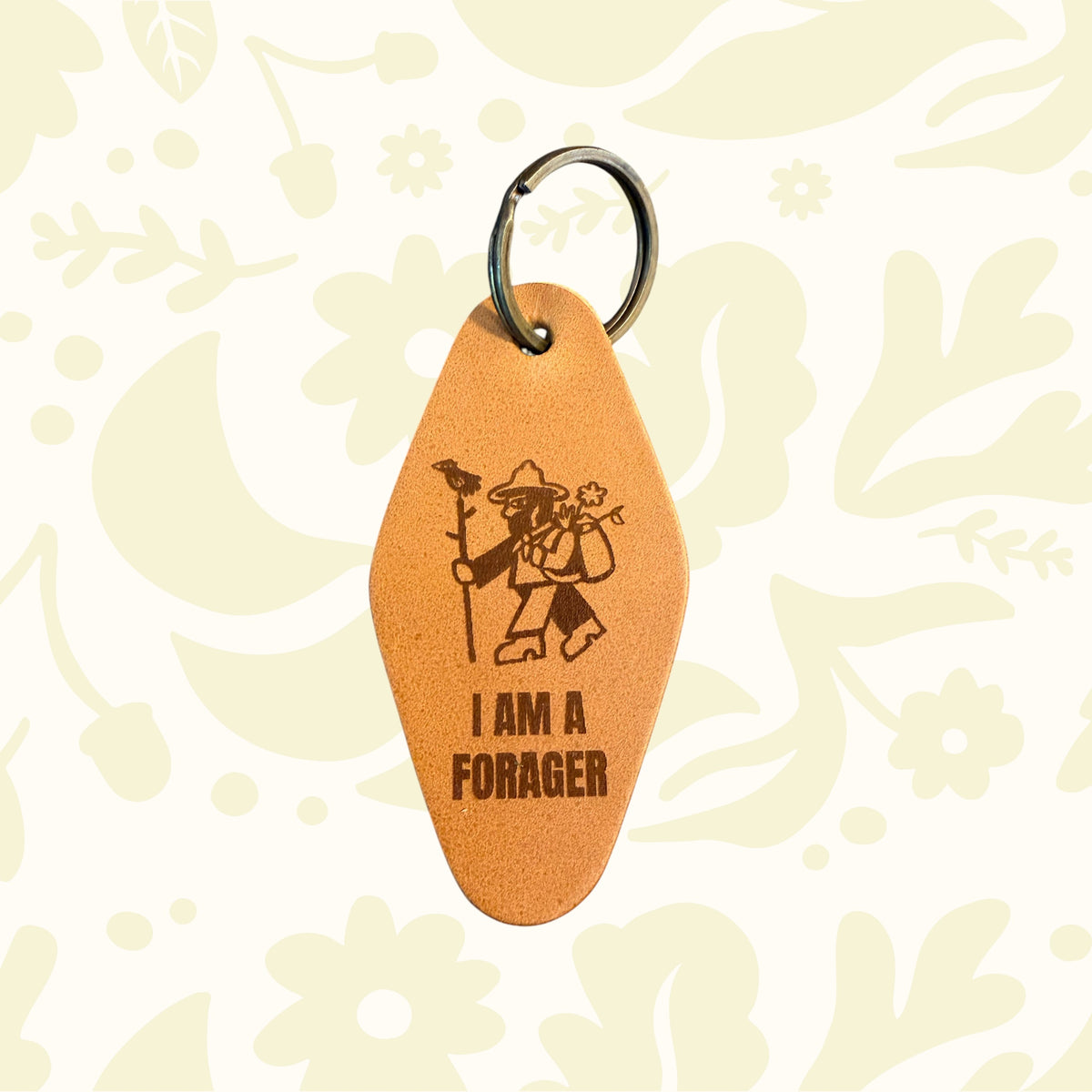 Forager Provisions LTD leather cabin motel keyring featuring I Am A Forager design on English Bridle Leather