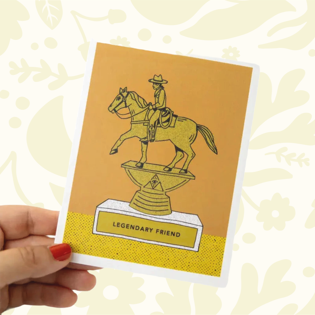 Forager Provisions LTD Jenni Earle Legendary Friend greeting card featuring a western cowboy trophy illustration