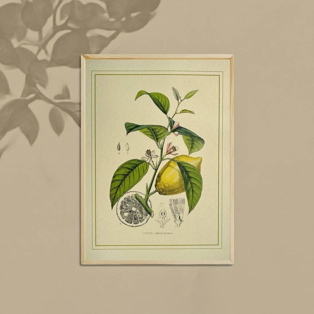 Forager Provisions LTD Napiers vintage botanical lemon print on textured recycled paper in a simple wooden frame.