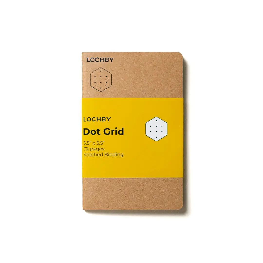 Forager Provisions LTD Lochby pocket notebook with tan cover and yellow belly band featuring dot grid specifications.