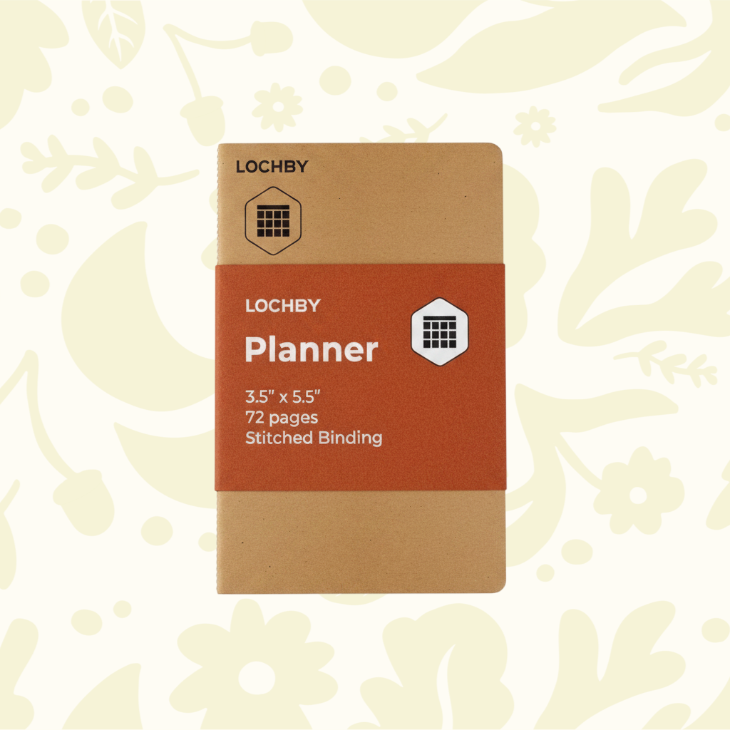 Forager Provisions LTD Lochby Tomoe River pocket planner notebook with a tan cover and orange belly band.