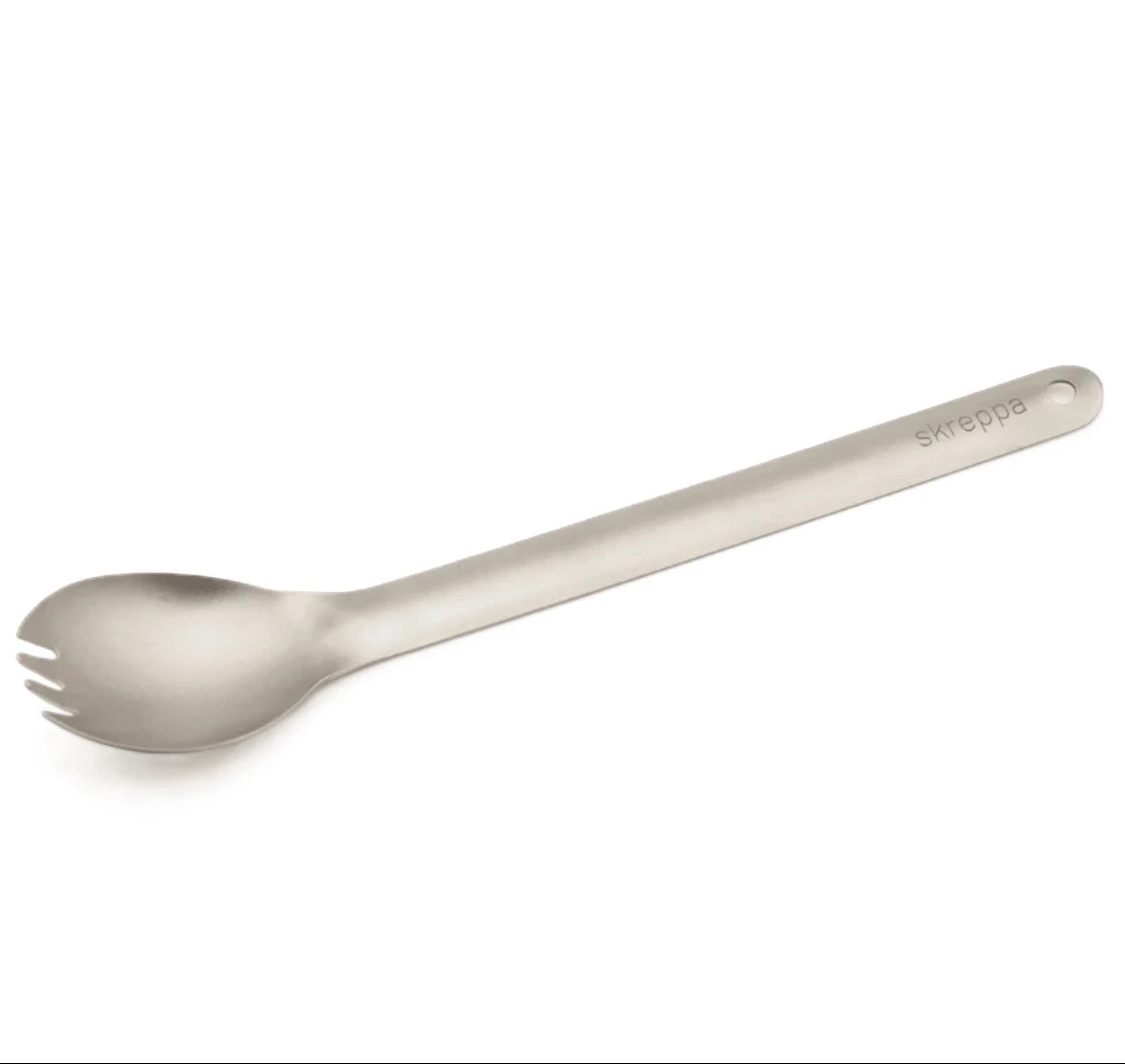 Forager Provisions LTD Skreppa long handle titanium spork in raw silver finish for camping and backpacking