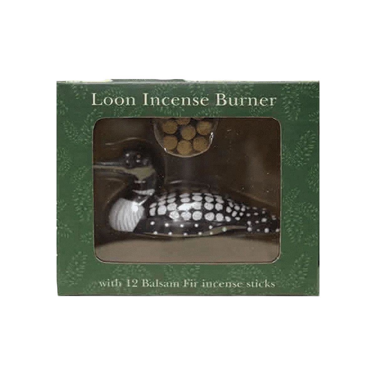 Paines Loon Incense Holder with detailed loon figurine and 12 Balsam Fir incense logs for fresh woodland aroma.
