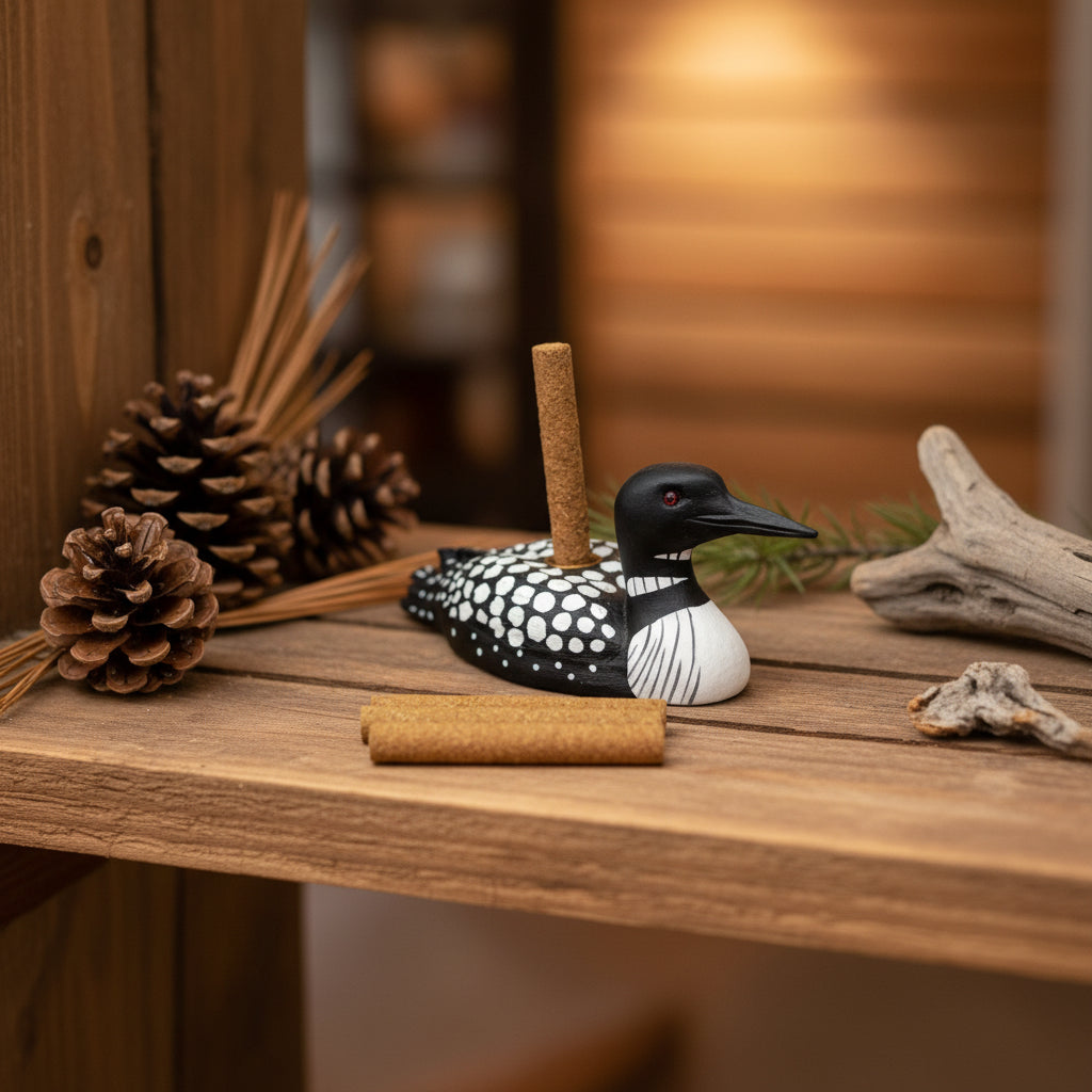 Paines Incense Loon Holder with 12 Balsam Fir logs on a shelf, accented by pinecones, cinnamon sticks, and driftwood.