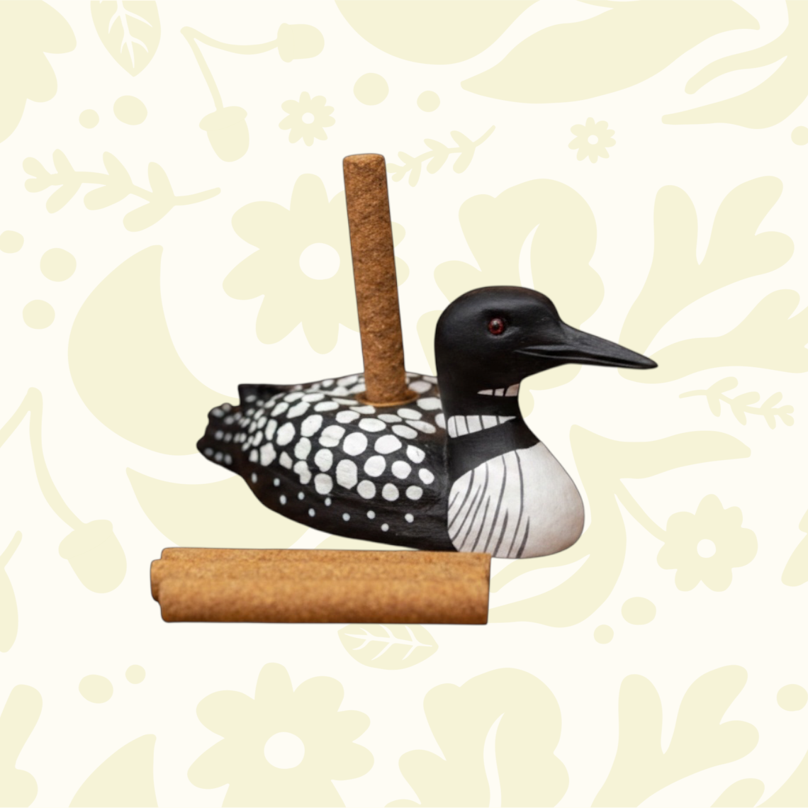 PAINES Loon Incense Holder holds balsam fir log upright for fresh woodland scent; includes 12 incense logs.