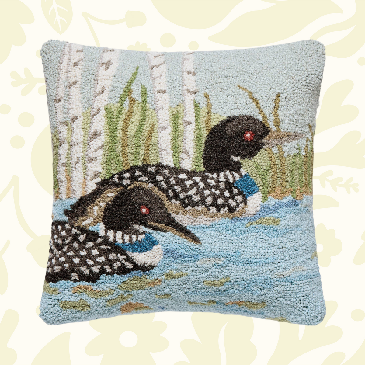 Forager Provisions LTD Peking Handicraft wool-hooked square cushion featuring two loons on a lake with birch trees.