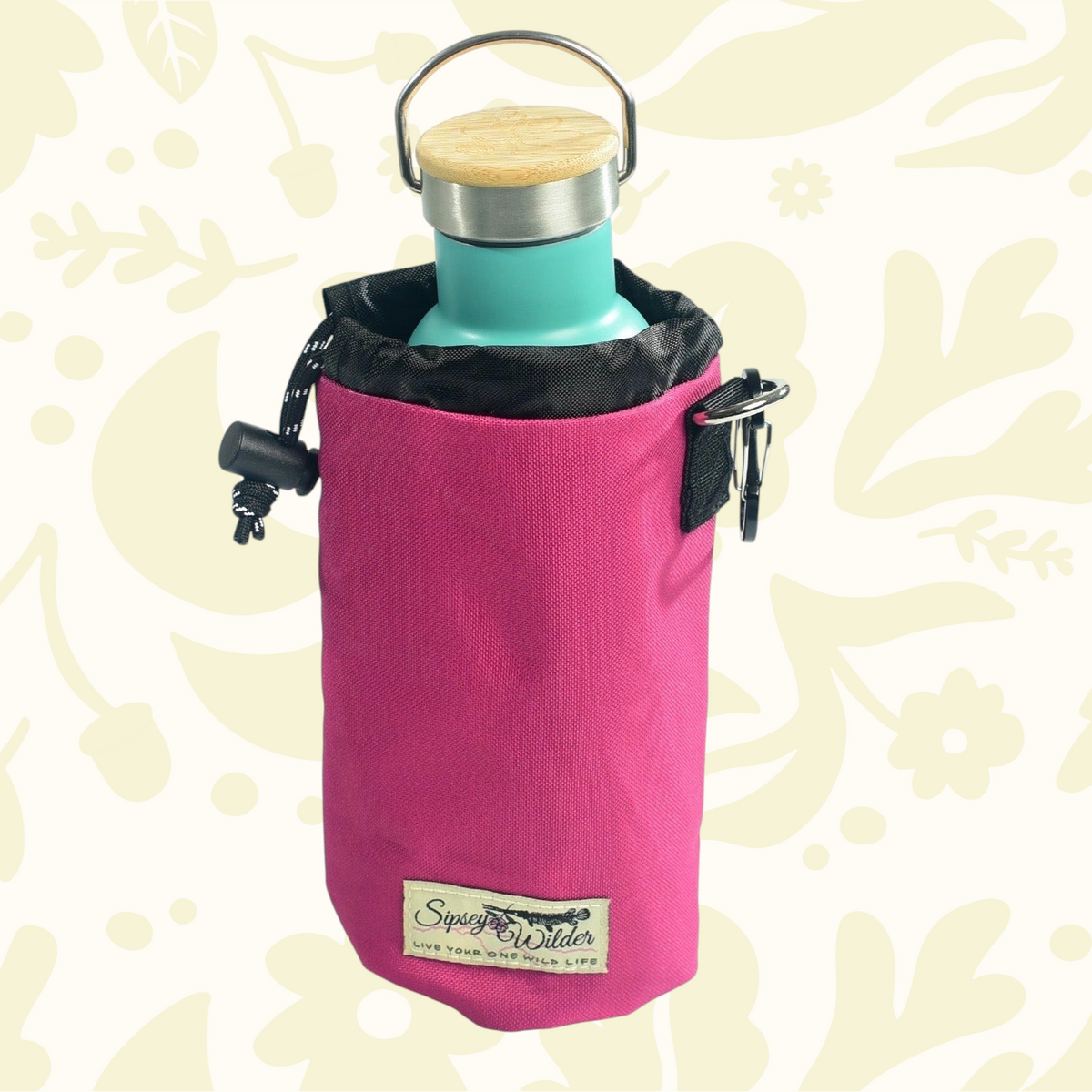 Forager Provisions LTD Sipsey Wilder magenta water bottle holder with drawstring closure and teal bottle inside.