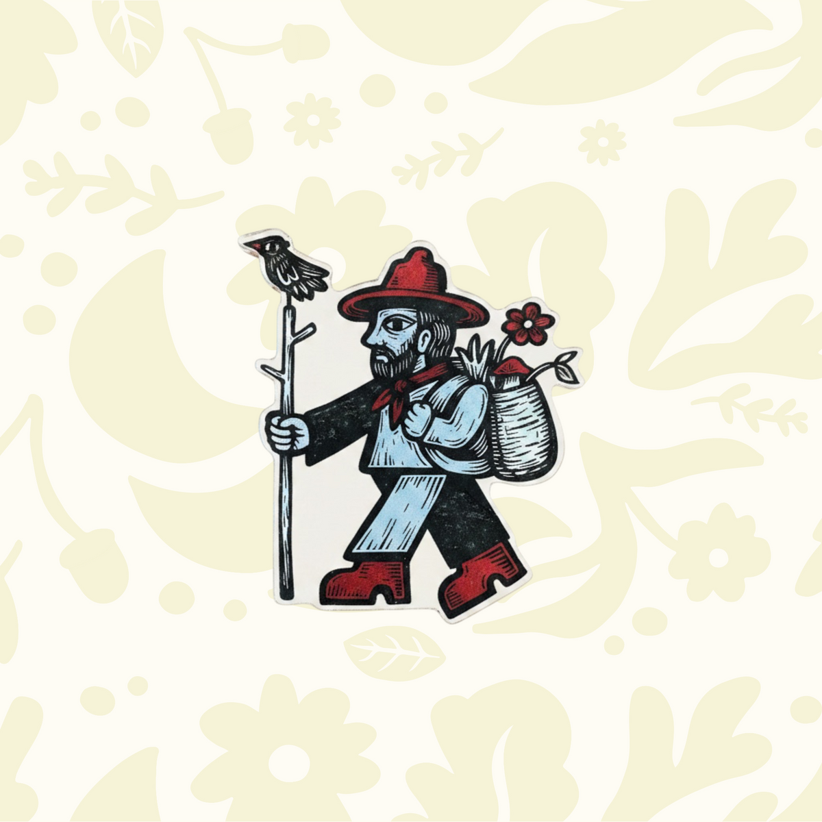 Forager Provisions LTD medieval acrylic magnet featuring a character with a staff, bird, and basket in folklore style.