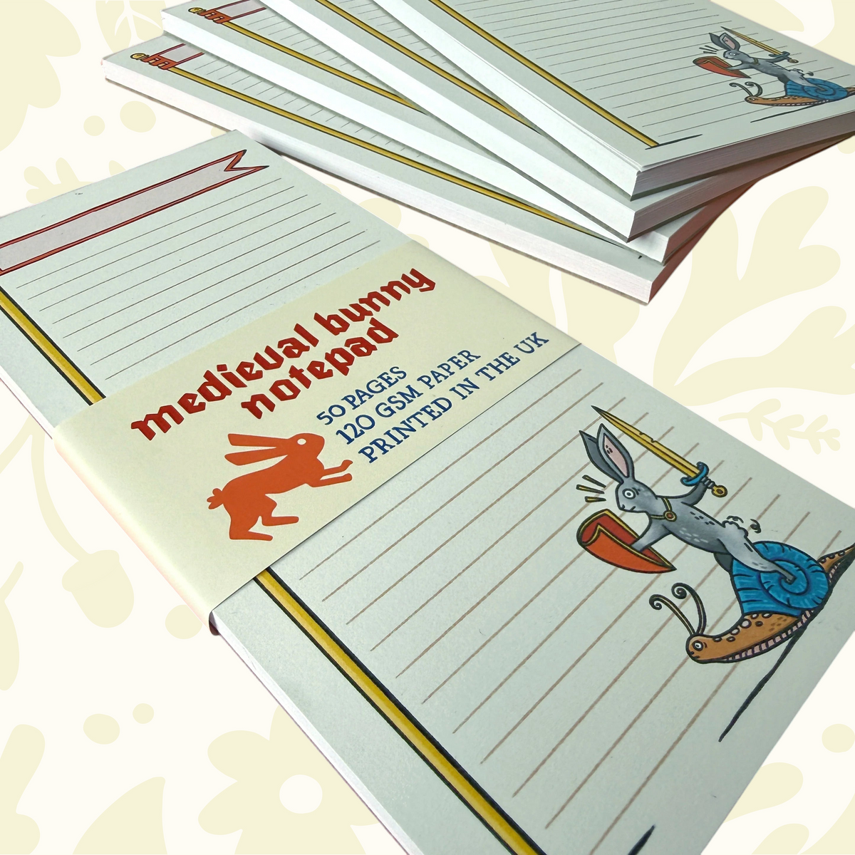 Forager Provisions LTD Duelling Bunnies notepad featuring medieval rabbit and snail illustration on recycled paper