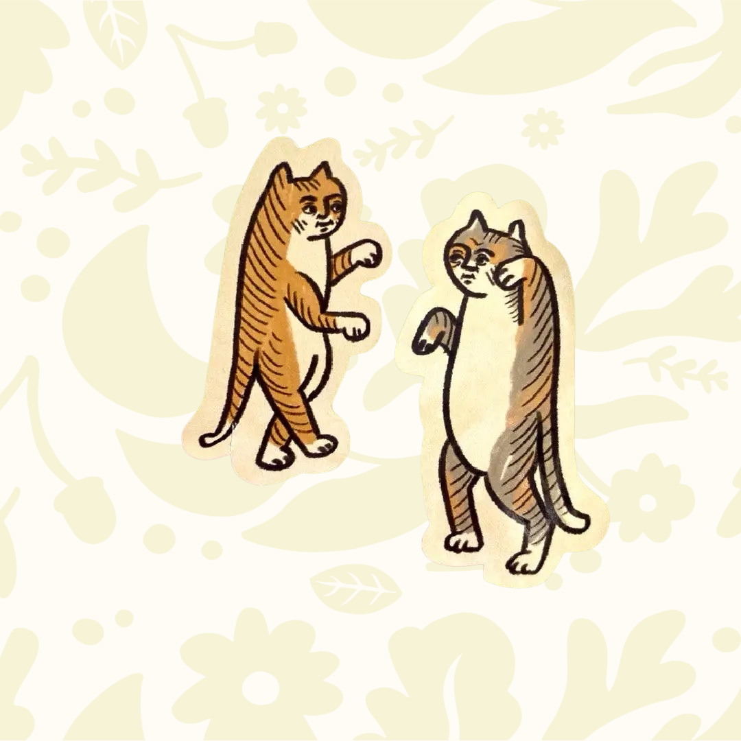 Forager Provisions LTD Clarice Tudor medieval cat stickers featuring two quirky expressive cats on a green background