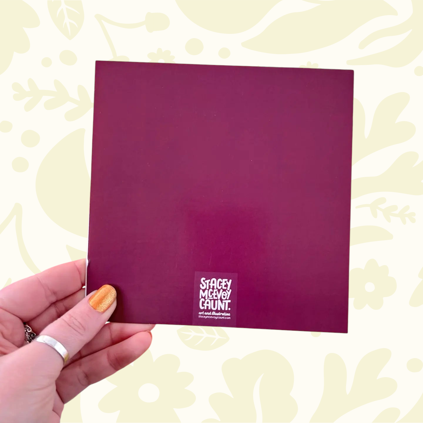 Forager Provisions LTD Stacey McEvoy Caunt birthday card back view in deep purple with artist logo on pink background