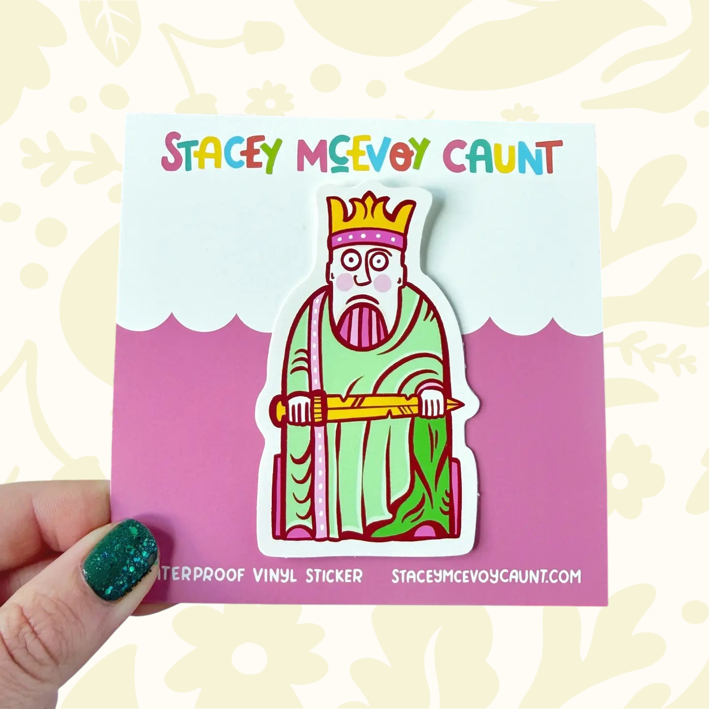 Forager Provisions LTD vinyl sticker featuring a colourful, illustrated Medieval King inspired by Lewis Chessmen.