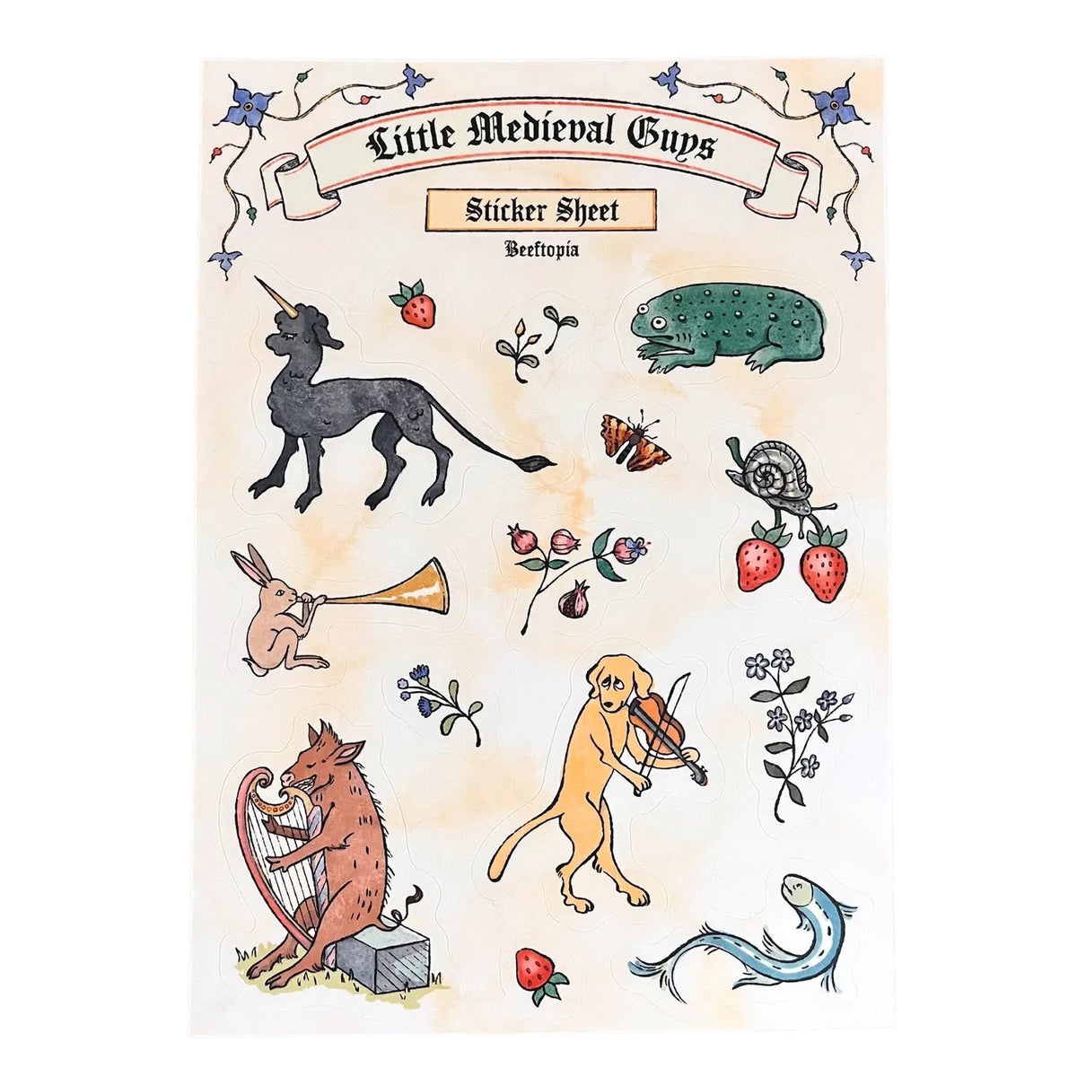 Forager Provisions LTD Beeftopia sticker sheet featuring whimsical medieval manuscript creature illustrations on vinyl.
