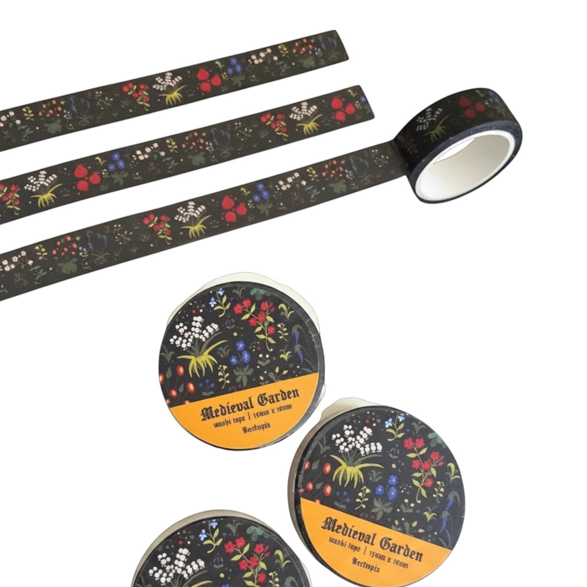 Forager Provisions LTD Beeftopia washi tape rolls featuring black background with medieval unicorn garden floral art.