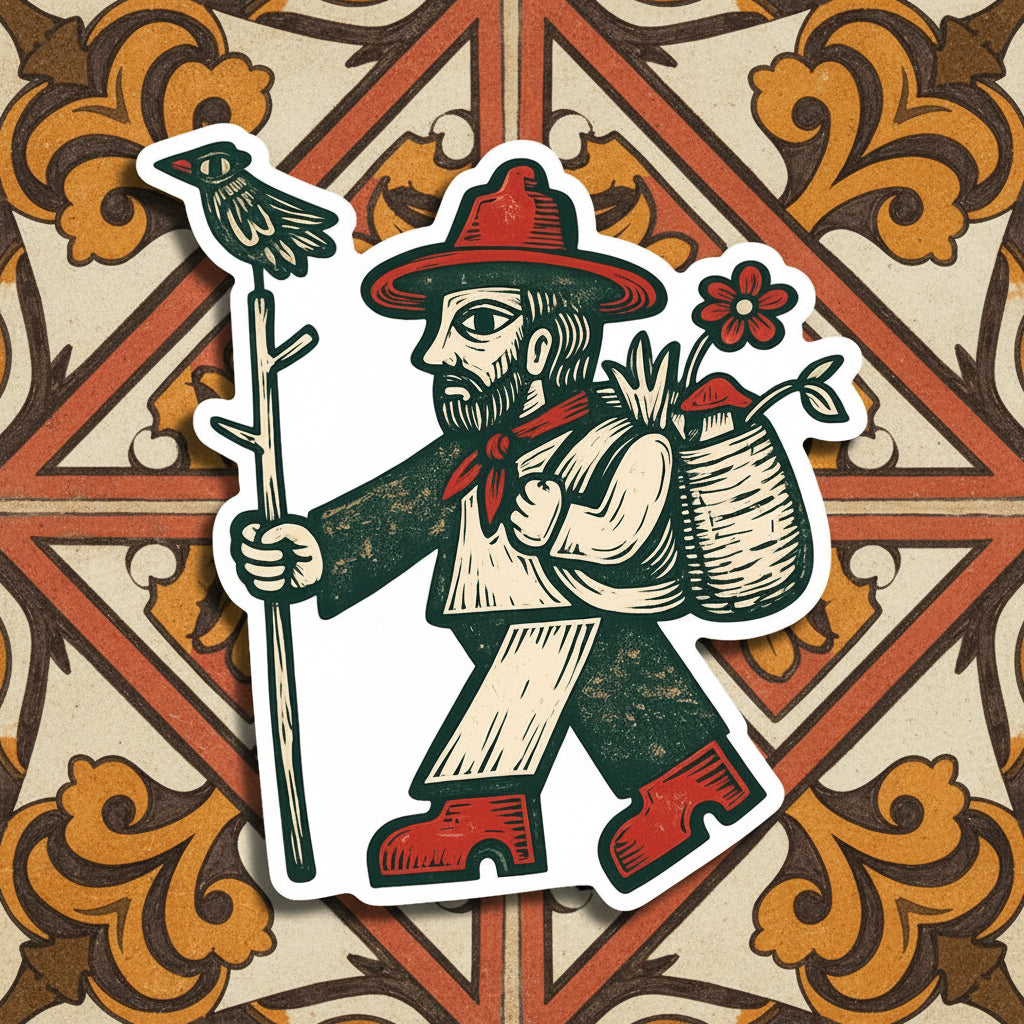 Forager Provisions LTD medieval-style vinyl sticker featuring a foraging man with a bird on a staff and a flower pack.