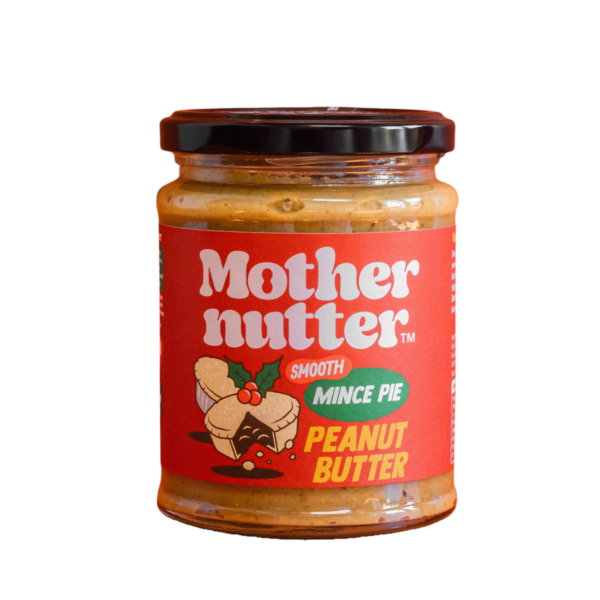 Forager Provisions LTD Mothernutter smooth mince pie flavoured peanut butter in a glass jar with a festive red label.