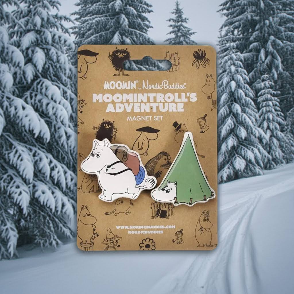 Forager Provisions LTD Moomintroll Adventure MDF magnet set featuring Moomintroll hiking and camping in a green tent.