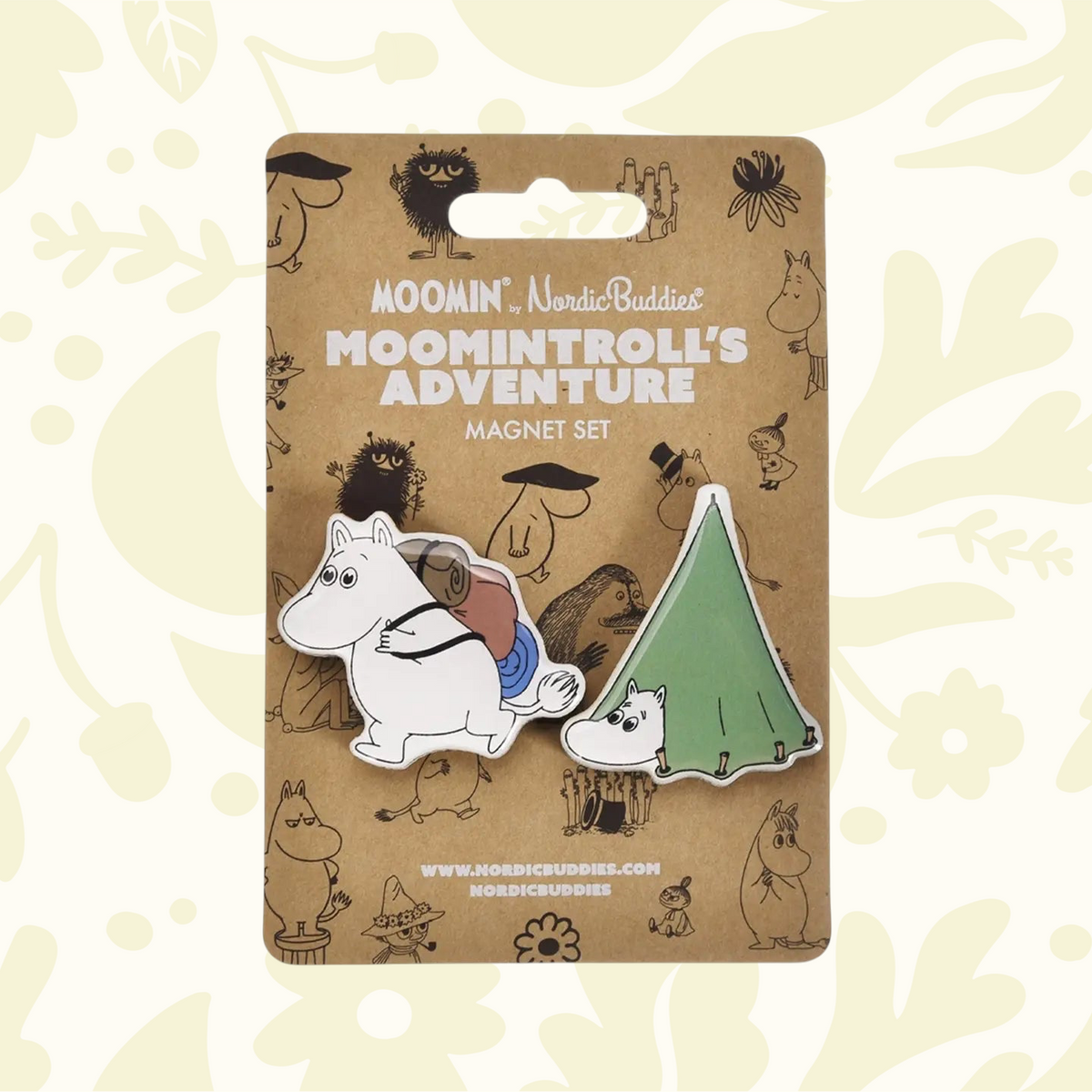 Forager Provisions LTD NordicBuddies Moomintroll adventure MDF magnets featuring Moomintroll with a backpack and tent.