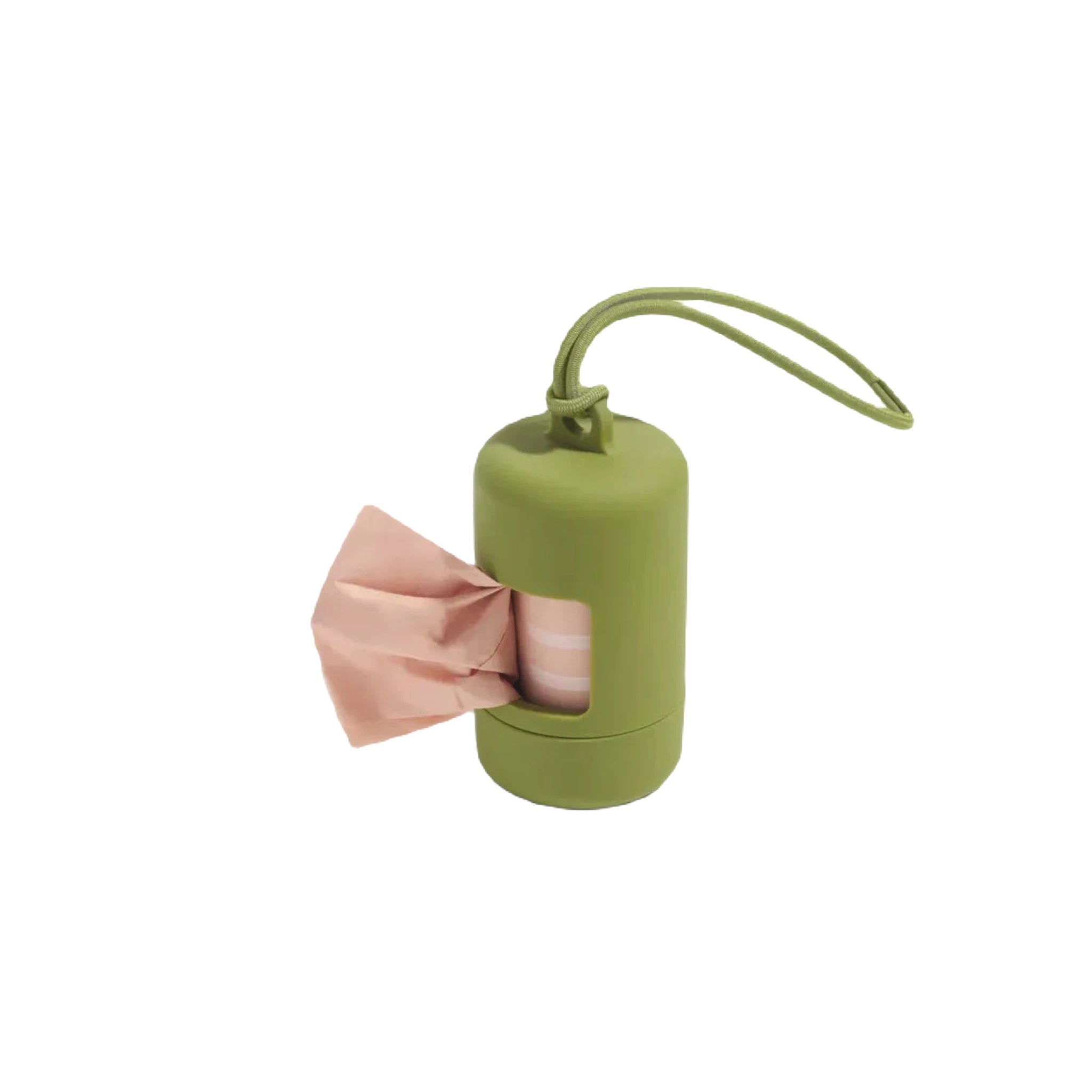 Wild One Moss Dog Poop Bag Dispenser, green holder with loop handle, dispenses waste bags from side for easy cleanup.