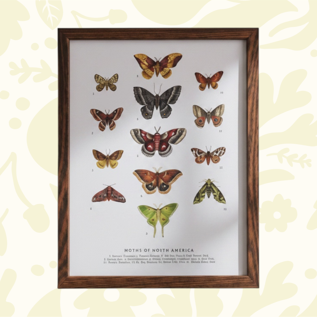 Forager Provisions LTD The Wild Wander art print featuring detailed North American moth illustrations on cotton paper.