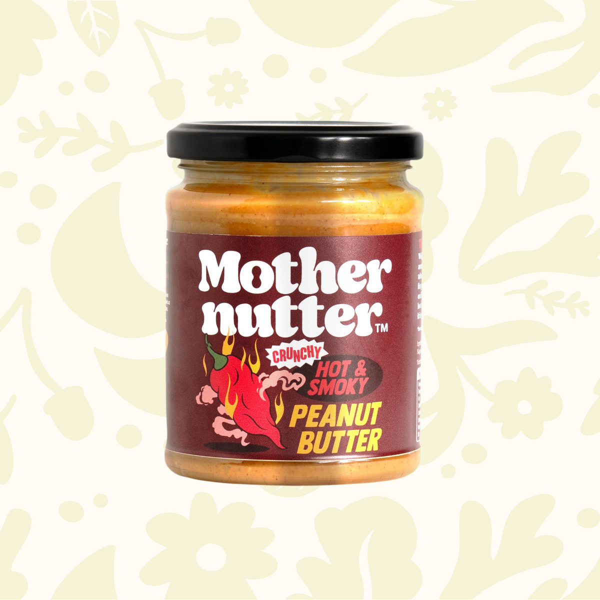 Forager Provisions LTD Mothernutter crunchy hot and smoky peanut butter in a glass jar with a chilli illustration