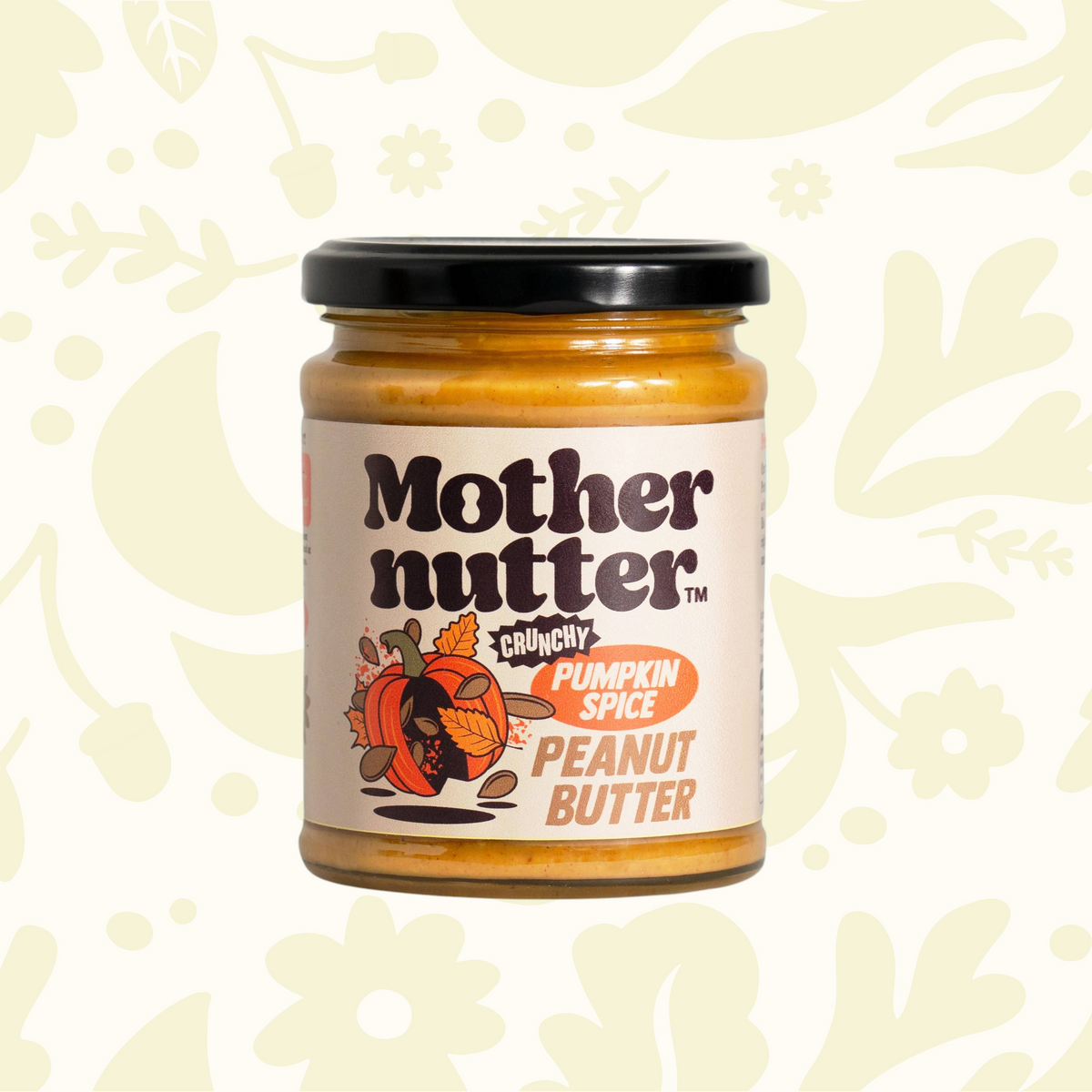 Forager Provisions LTD Mothernutter crunchy pumpkin spice peanut butter in a glass jar with a black lid.