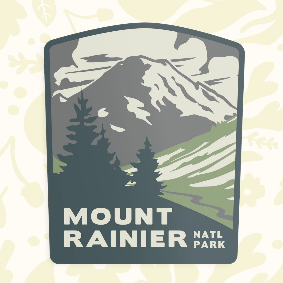 Forager Provisions LTD Mount Rainier National Park vinyl sticker featuring a mountain landscape and pine trees