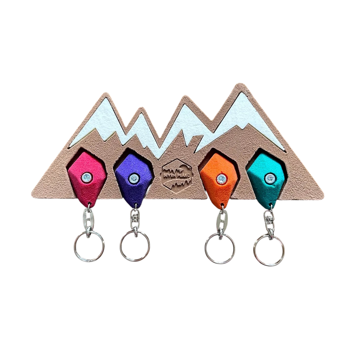 Forager Provisions LTD Seven Peaks mountain-shaped wall key holder with four colourful climbing hold keychains
