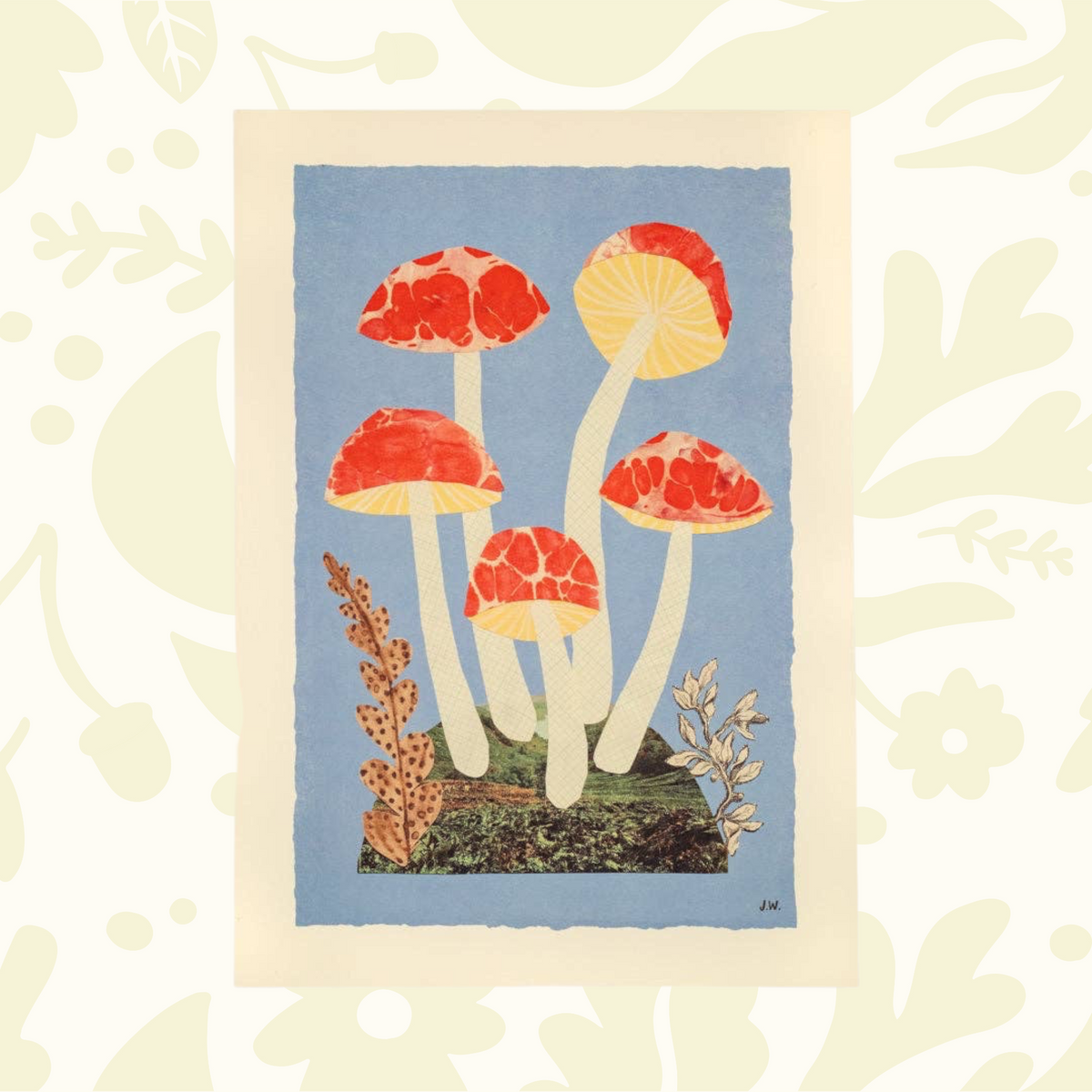 Forager Provisions LTD Hadley A3 art print featuring a collage-style illustration of red and blue mushrooms.