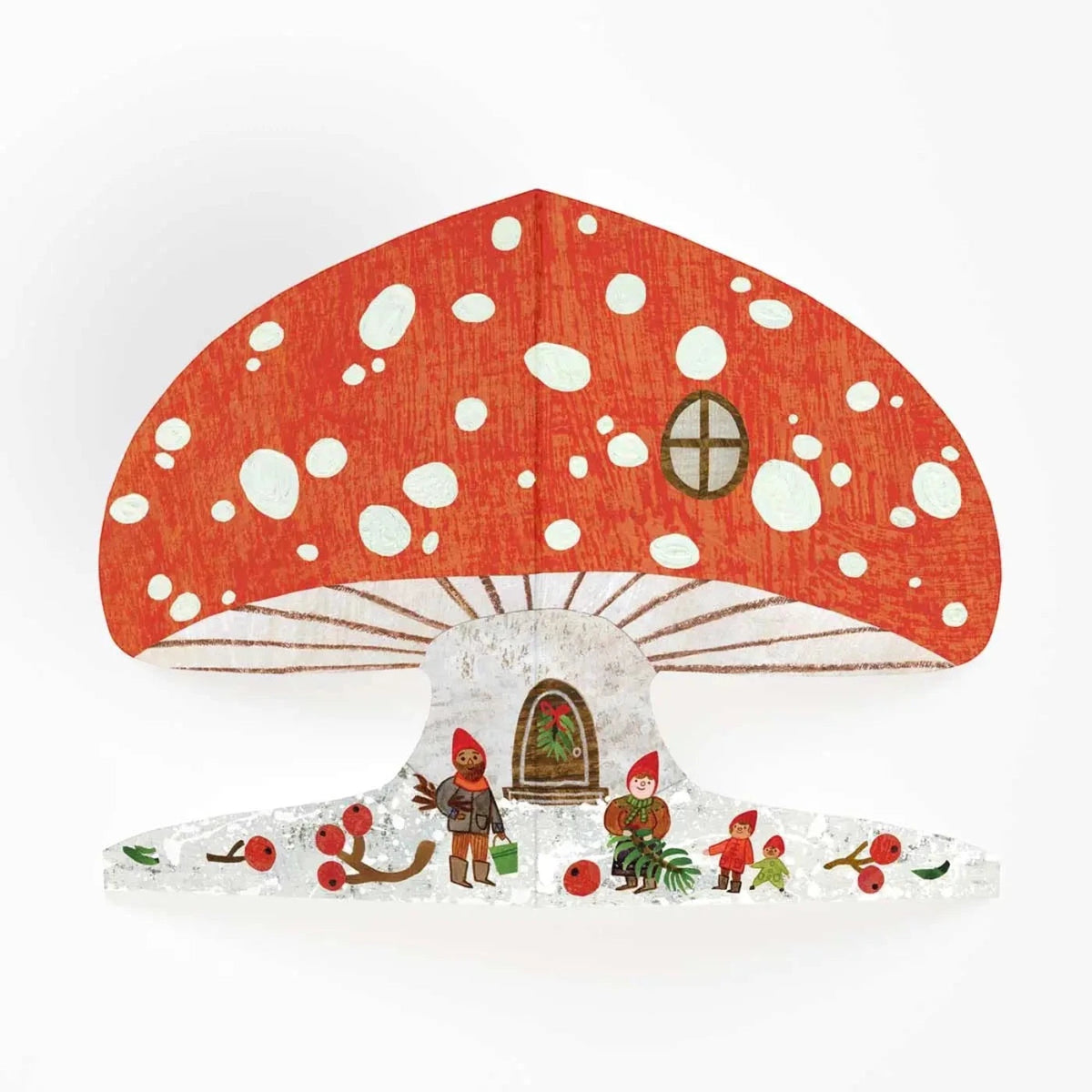 Forager Provisions LTD snowy mushroom shaped Christmas greeting card with whimsical gnome house illustration