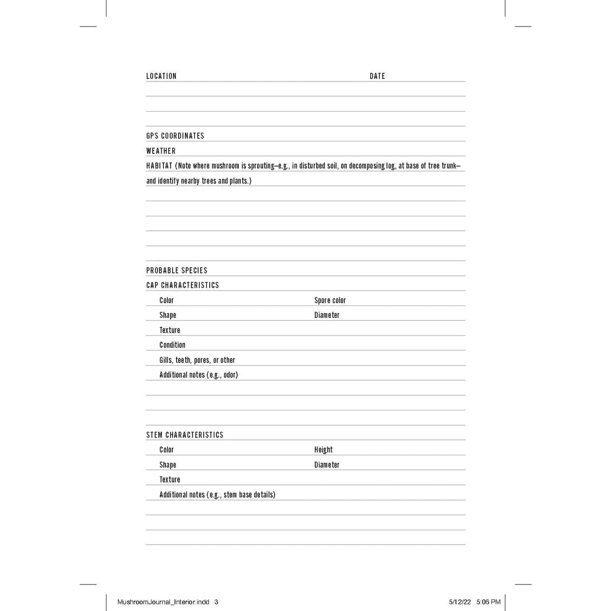 Forager Provisions LTD Mushroom Logbook interior page with fields for recording mushroom species and habitat data