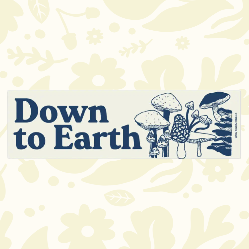 Forager Provisions LTD Three Potato Four magnet featuring blue Down To Earth text and mushroom illustrations