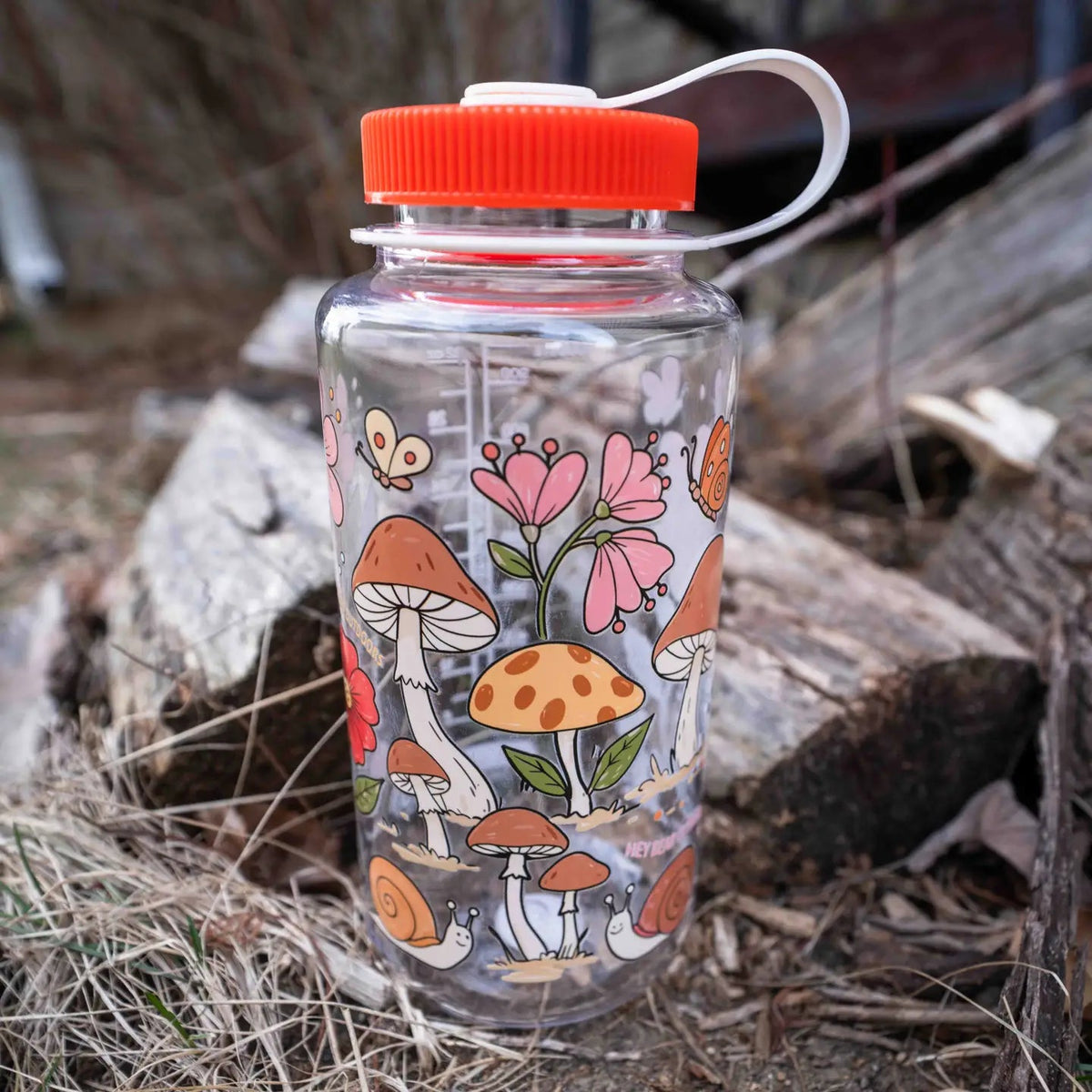 Forager Provisions LTD Hey Bear Outdoors 32oz Nalgene water bottle with colourful mushroom and snail graphic print.