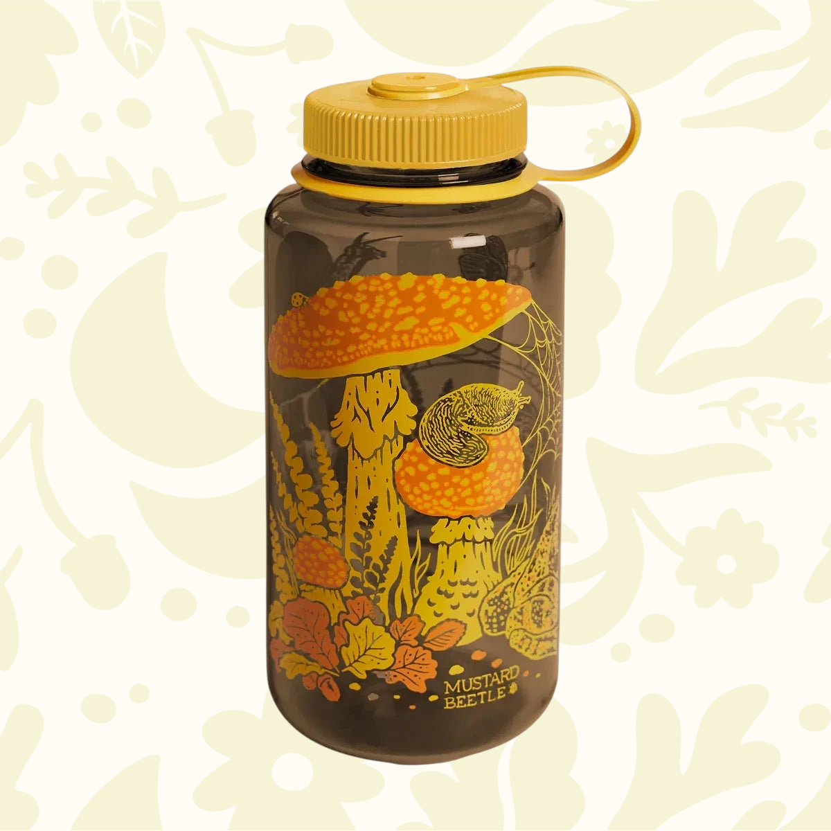 Forager Provisions LTD 32oz Nalgene water bottle in dark grey with mustard yellow lid and woodland mushroom art.