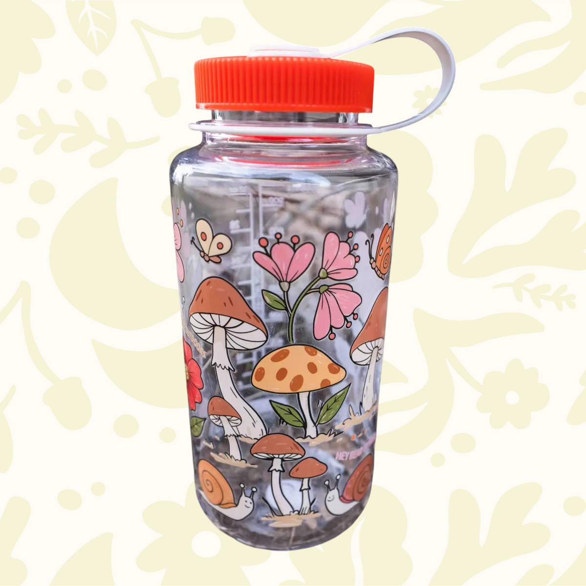 Forager Provisions LTD Hey Bear Outdoors 32oz Nalgene water bottle with colourful mushroom and snail illustrations.