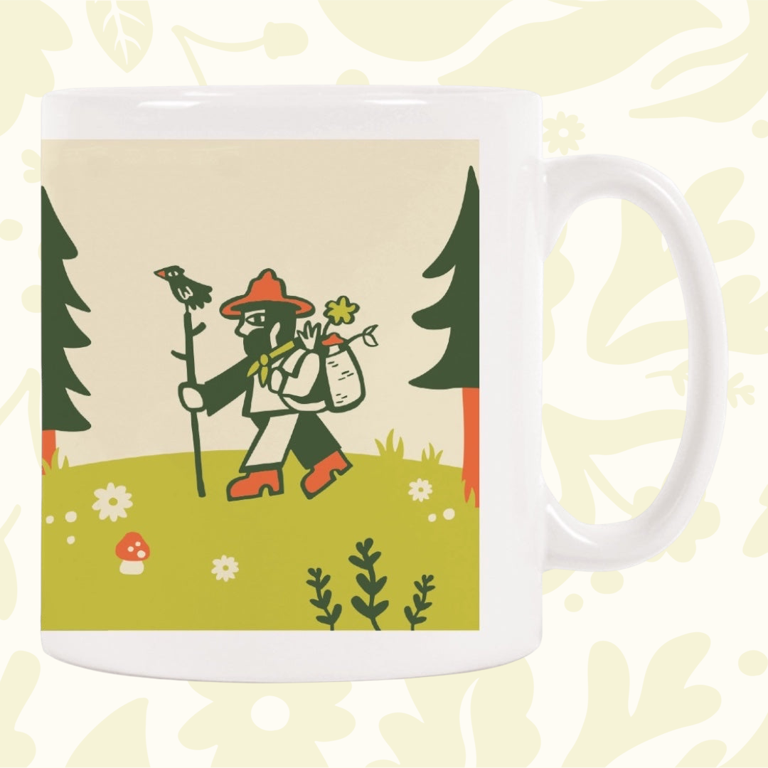 Forager Provisions LTD ceramic mug featuring a whimsical illustration of a mushroom picker and bird in a forest