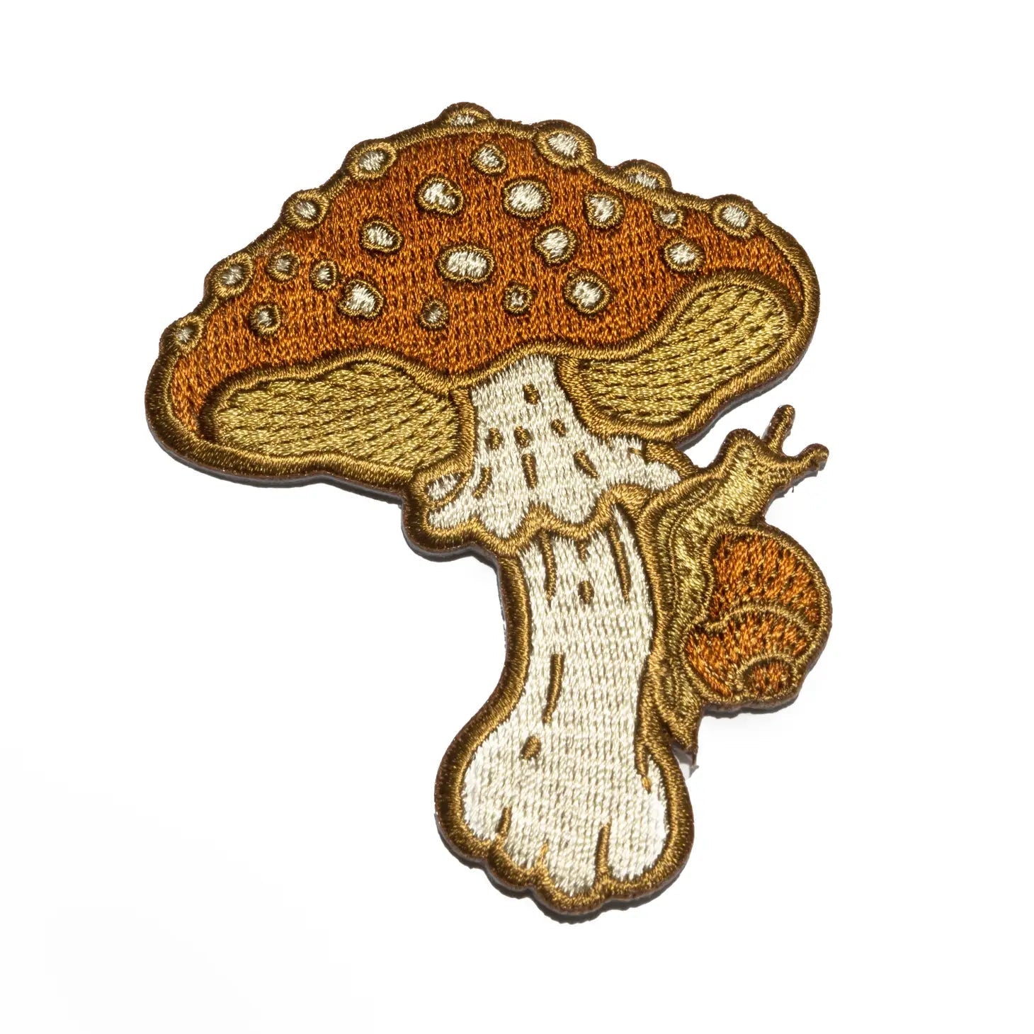 Forager Provisions LTD mustard mushroom and snail iron on patch with detailed embroidery on a white background