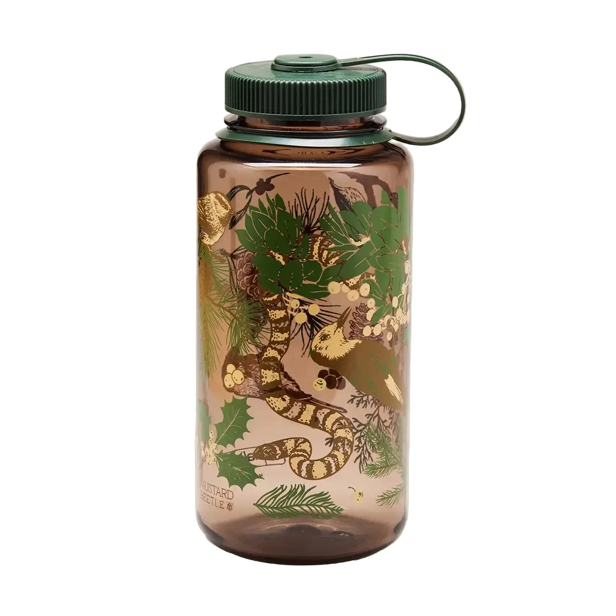 Forager Provisions LTD Mustard Beetle 32oz wide mouth Nalgene water bottle in brown with Alpine Forest pine tree art