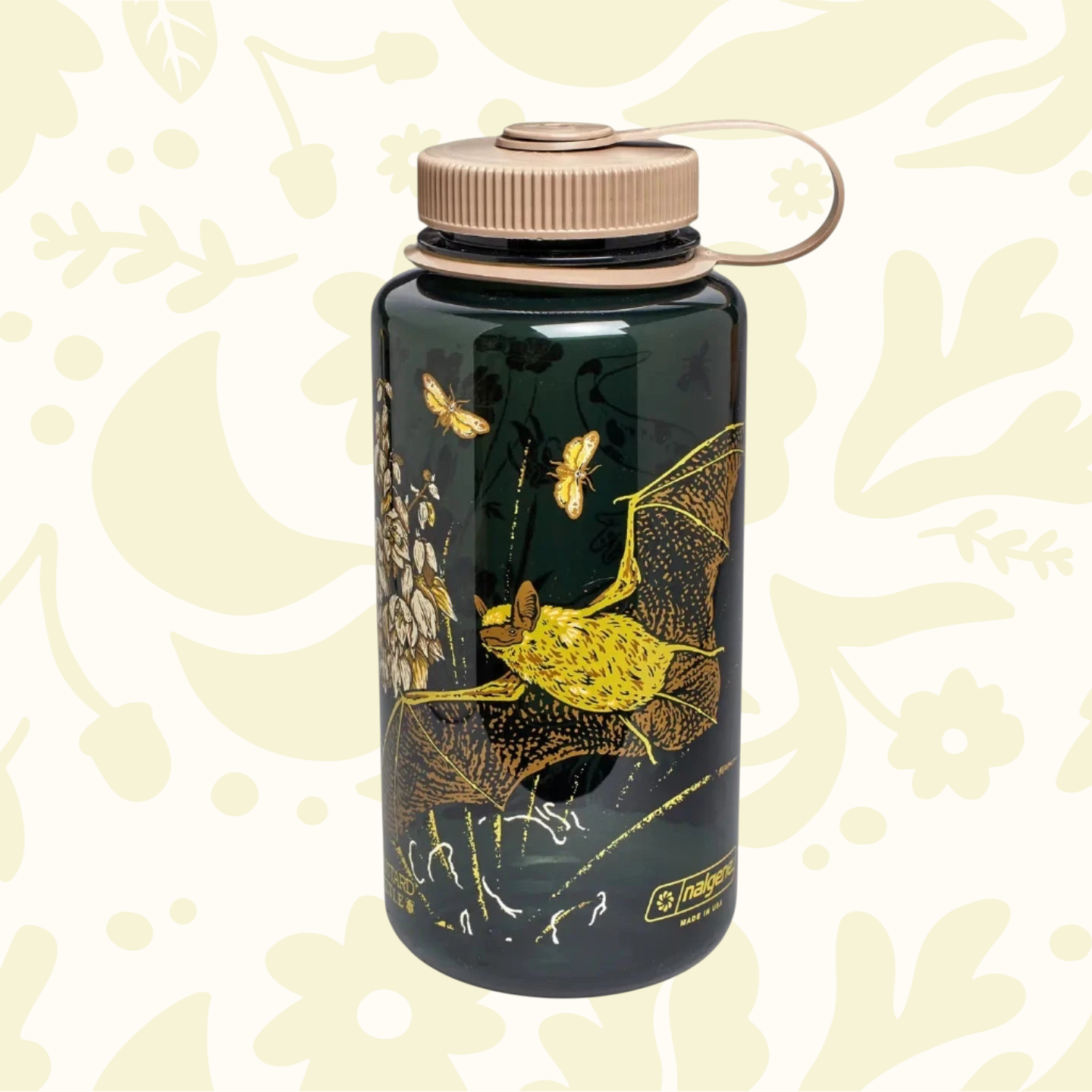 Forager Provisions LTD Mustard Beetle Nalgene 32oz water bottle in dark green with yellow bat and floral illustration
